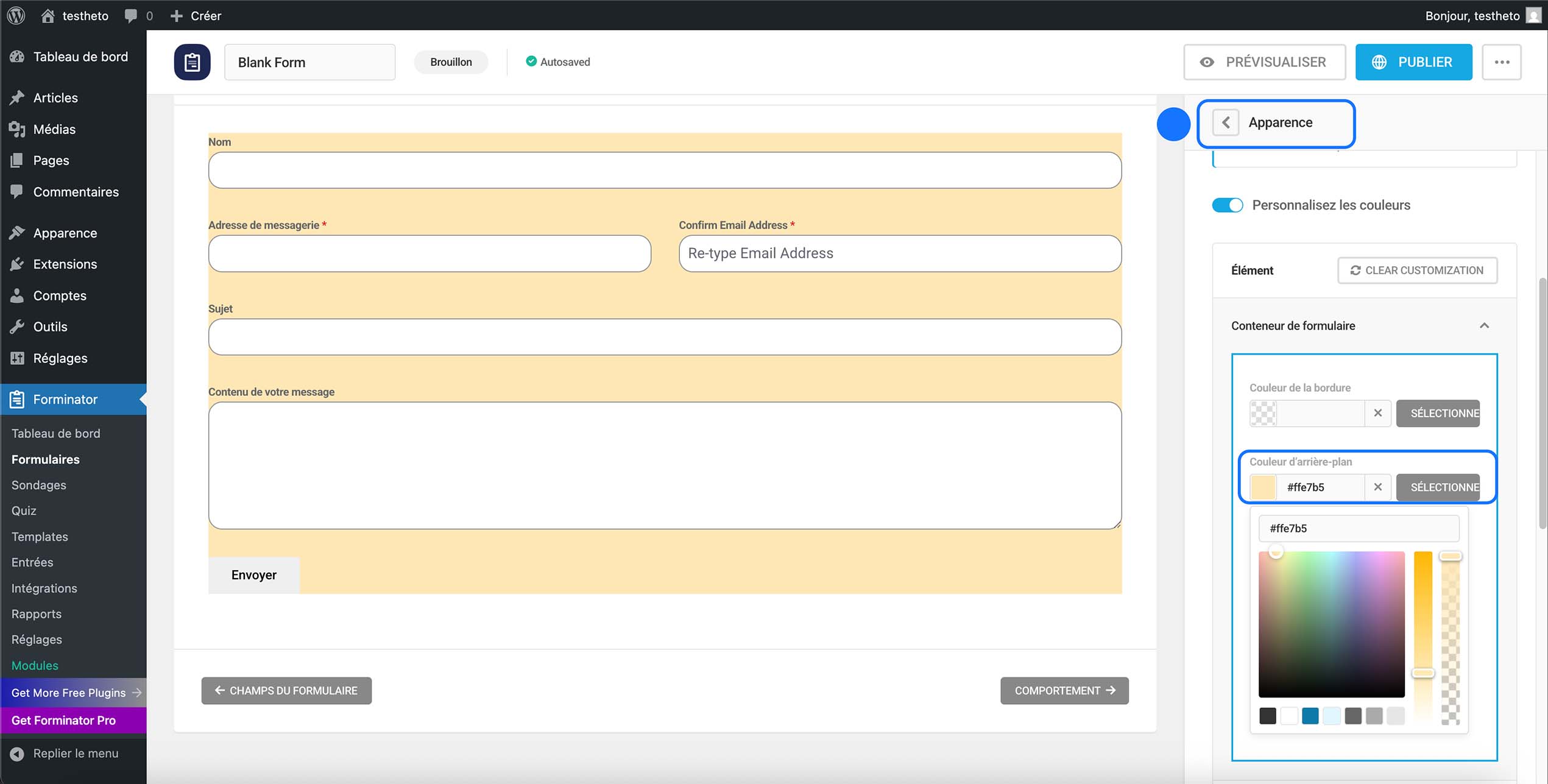 Retour au menu Apparence du formulaire Forminator après personnalisation des couleurs