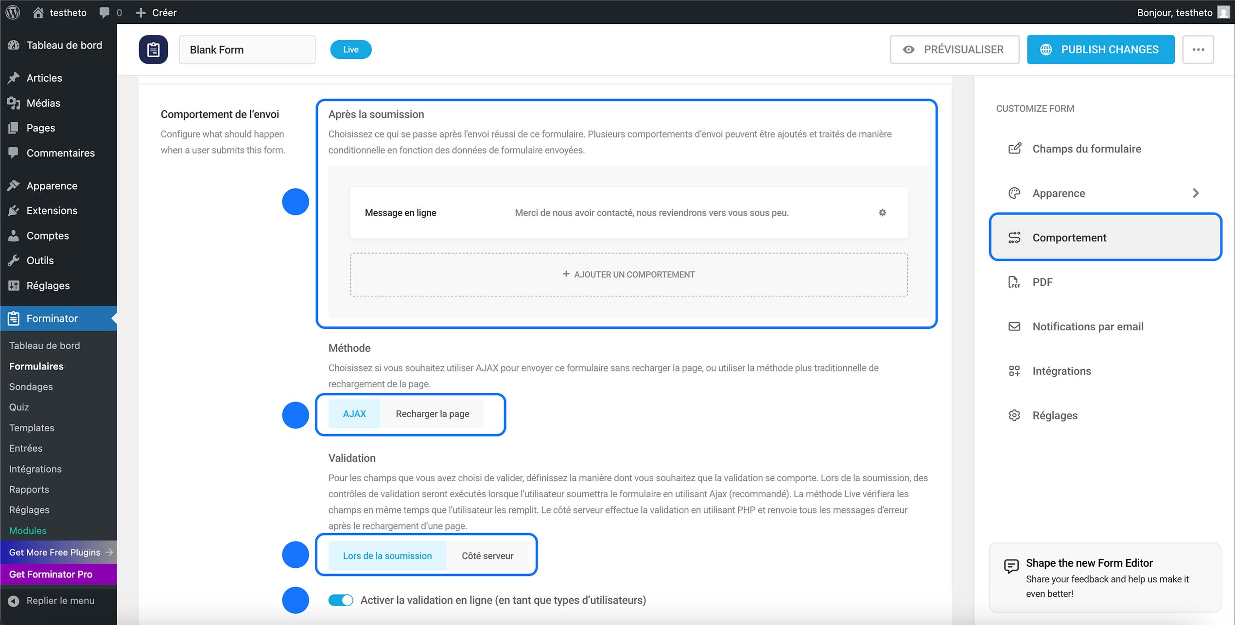 Réglages du comportement d’envoi du formulaire Forminator avec message après soumission, méthode AJAX et options de validation activées