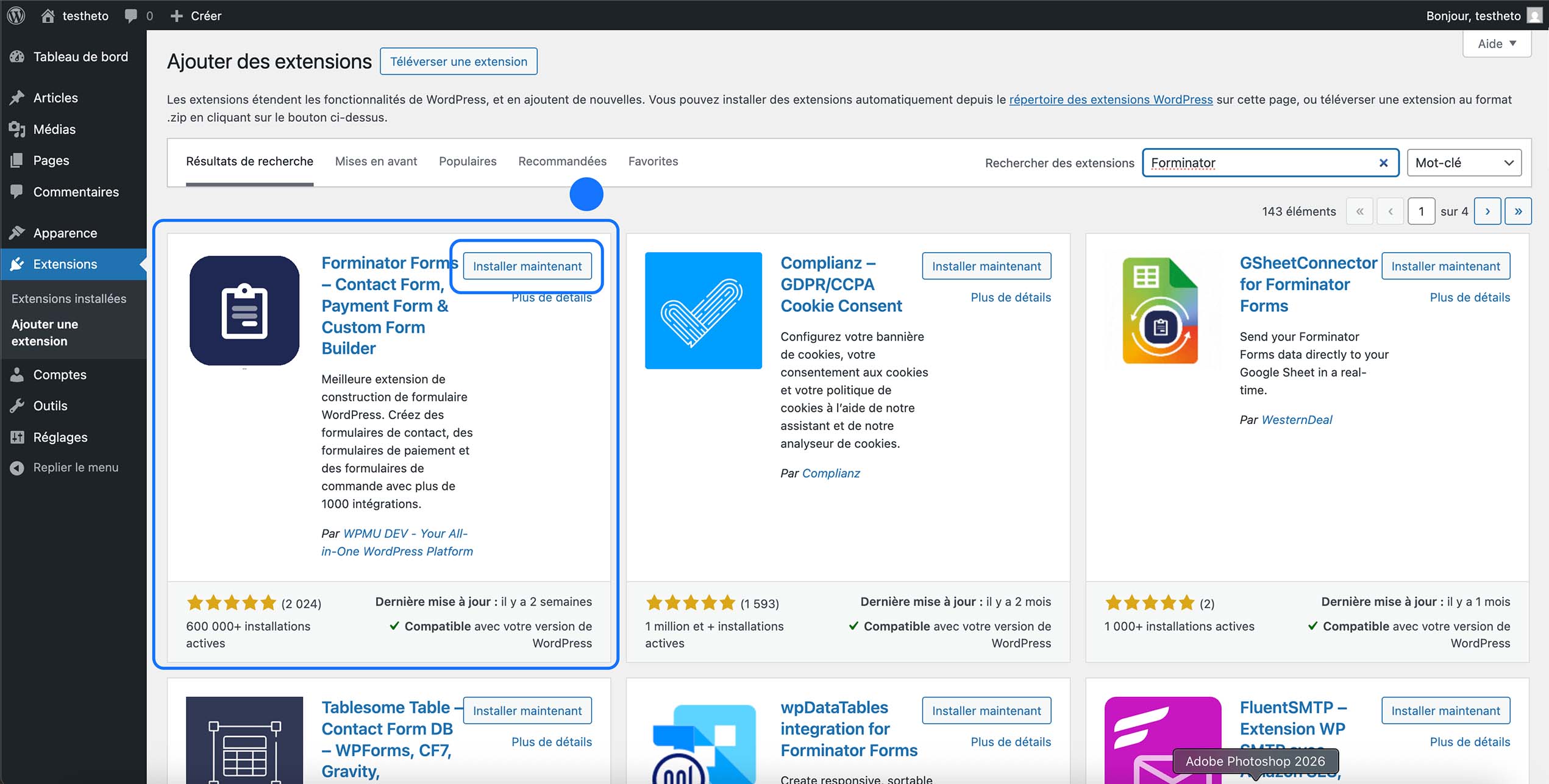 Installation du plugin Forminator Forms depuis le répertoire des extensions WordPress avec le bouton Installer maintenant