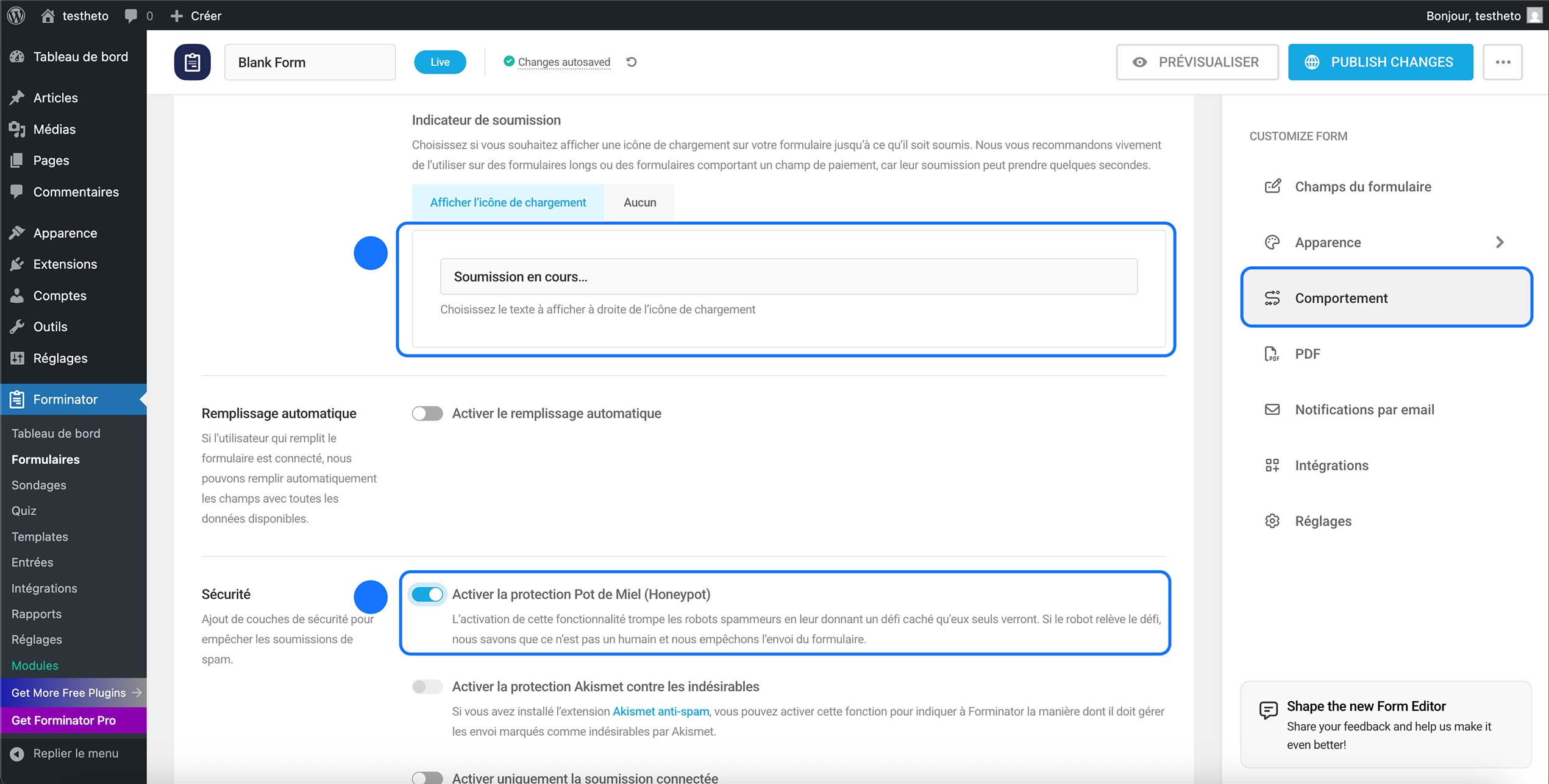 Paramètres avancés du comportement Forminator avec indicateur de soumission, remplissage automatique et protection anti-spam Honeypot activée
