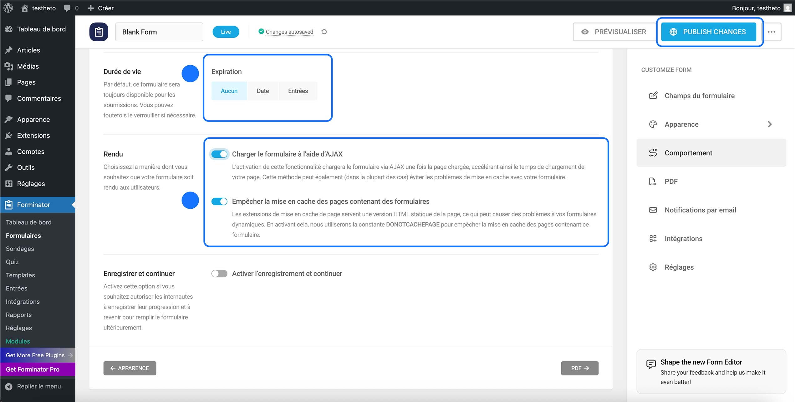 Options avancées Forminator avec durée de vie du formulaire, chargement AJAX, prévention du cache et bouton Publish Changes visible