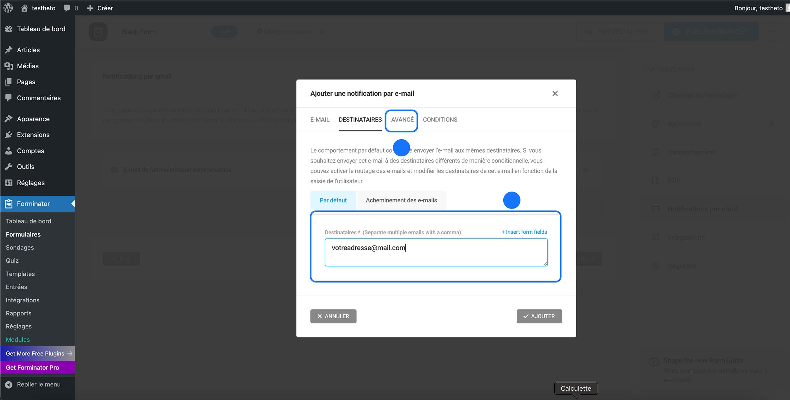 Onglet Avancé ouvert, routage des emails activé et adresse destinataire configurée.