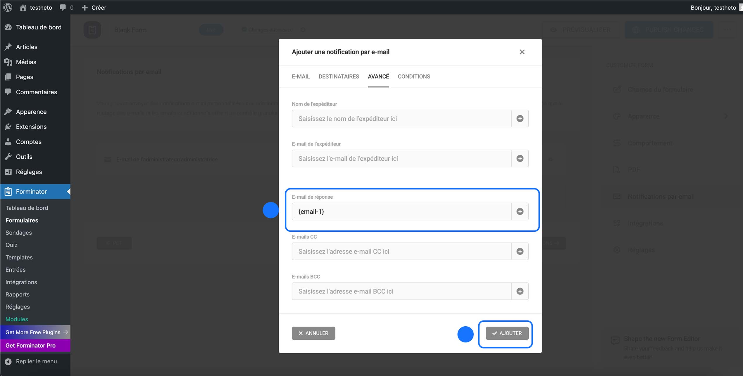 Onglet Avancé ouvert, champ E-mail de réponse configuré avec {email-1} et paramètres d’expéditeur disponibles.