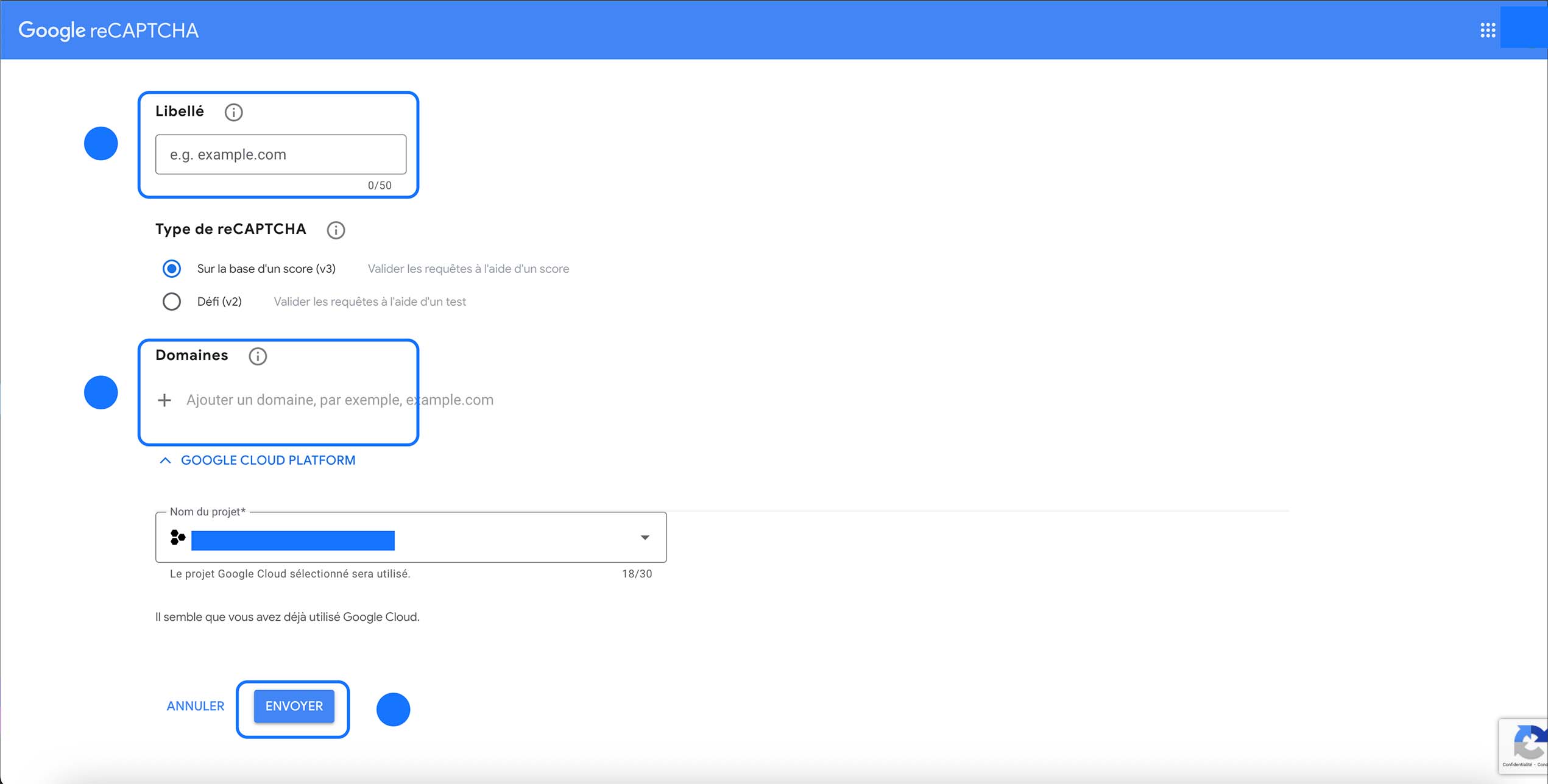 Formulaire d’enregistrement Google reCAPTCHA v3 avec champs libellé, type basé sur un score (v3) sélectionné et domaines à ajouter.