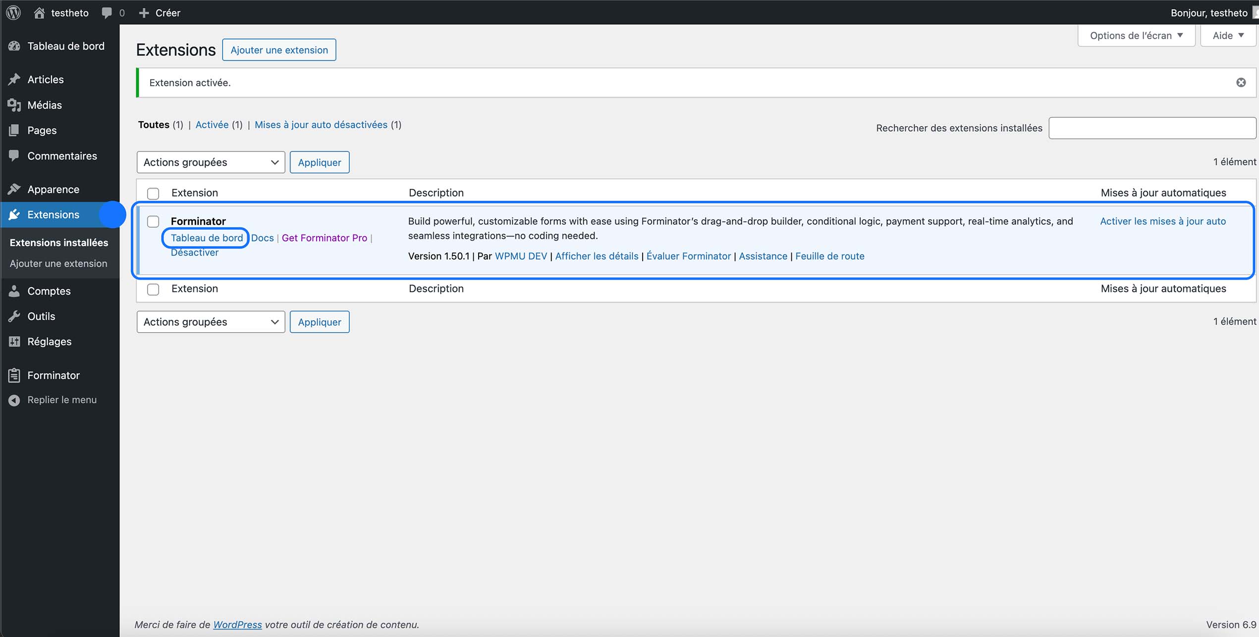 Plugin Forminator activé dans WordPress avec accès au tableau de bord pour créer des formulaires