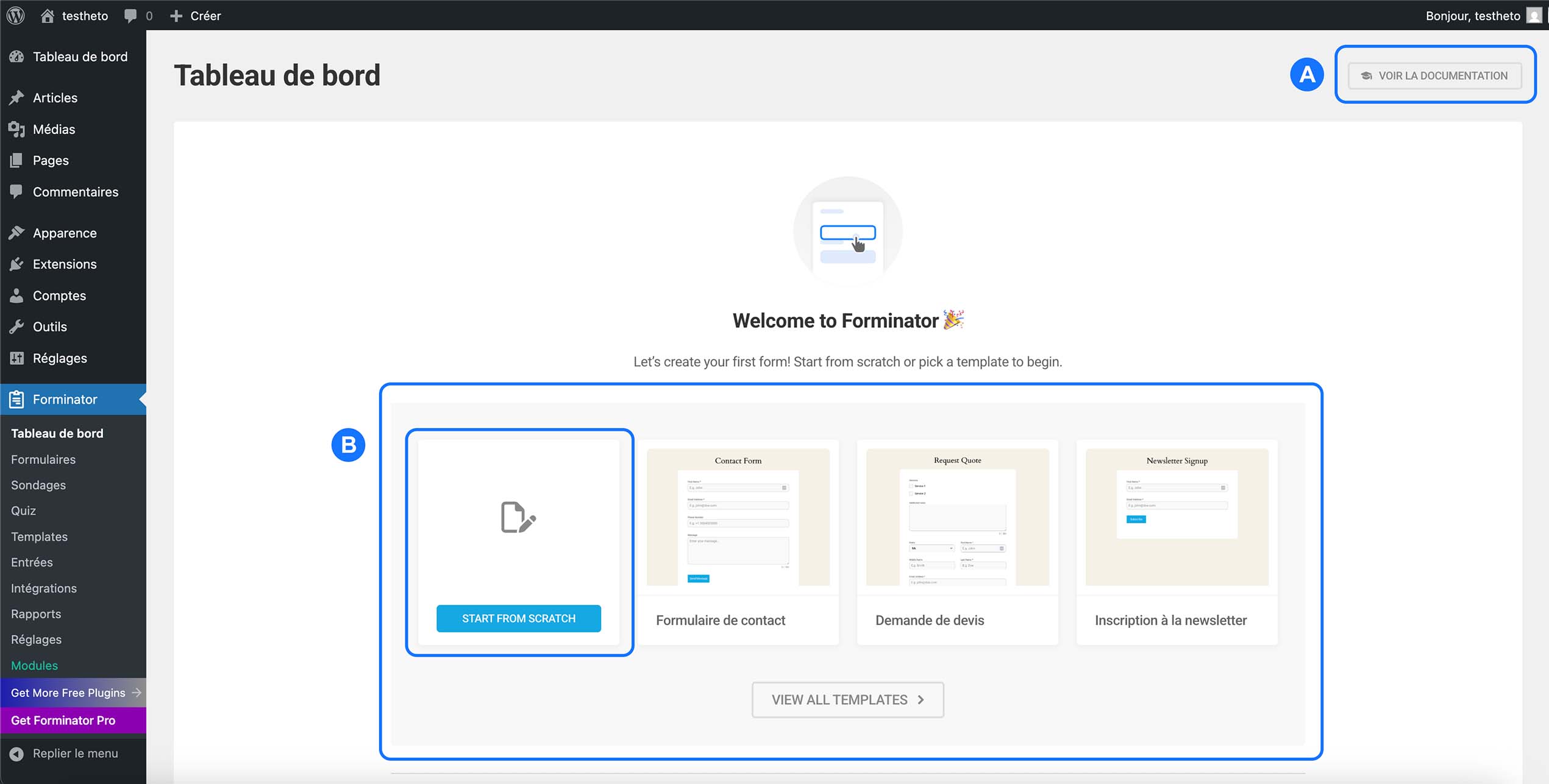 Tableau de bord Forminator dans WordPress pour créer un formulaire avec modèles ou démarrer depuis zéro