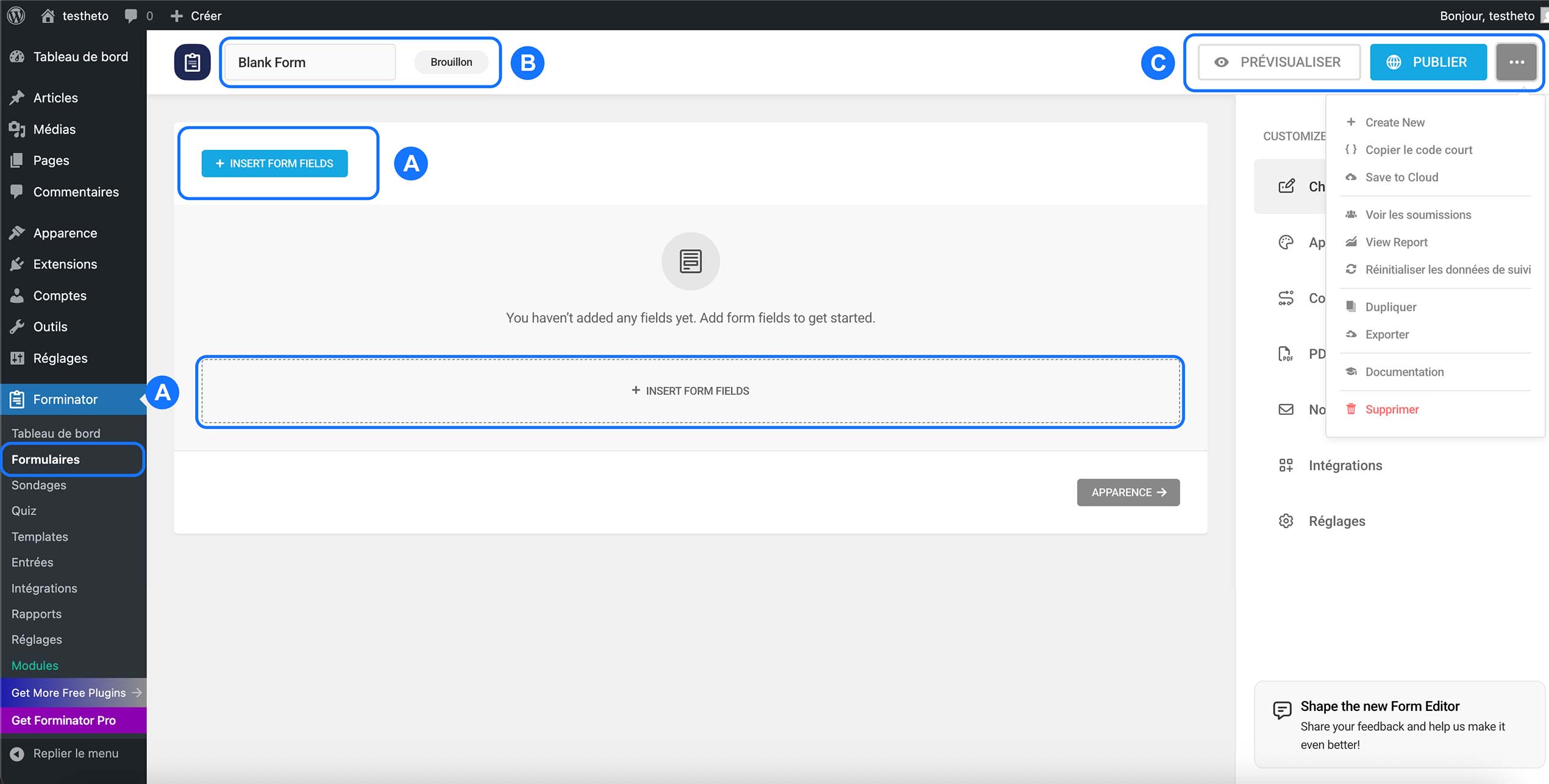 Éditeur de formulaire Forminator dans WordPress avec bouton Ajouter des champs et options Prévisualiser et Publier