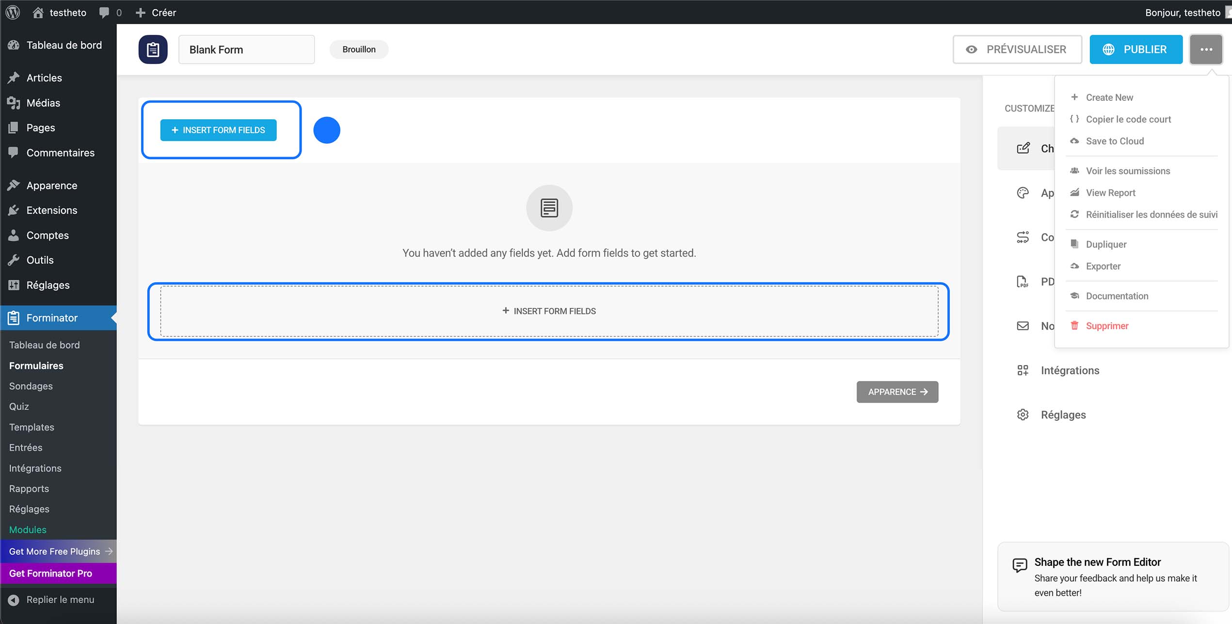 Ajout de champs dans un formulaire Forminator via le bouton Insert Form Fields dans l’éditeur WordPress