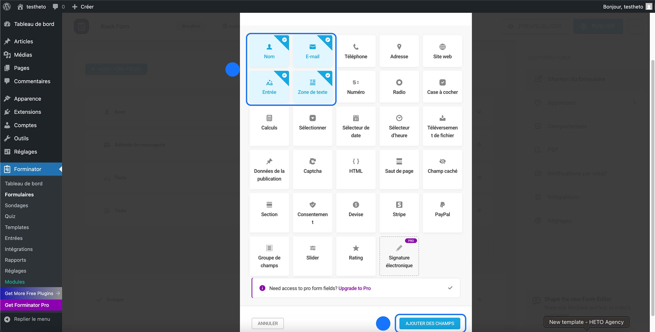 Sélection des champs de formulaire dans Forminator WordPress avec options Nom, Email, Téléphone, Texte et autres champs personnalisés