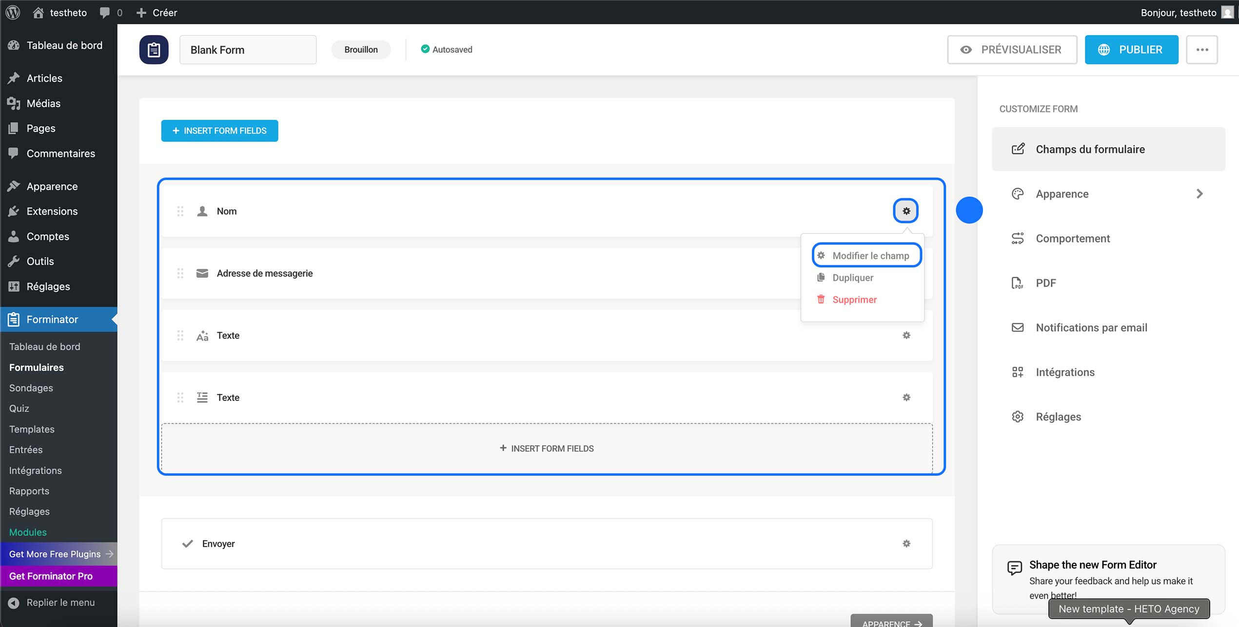 Modification des paramètres d’un champ dans un formulaire Forminator via l’icône engrenage pour éditer, dupliquer ou supprimer le champ