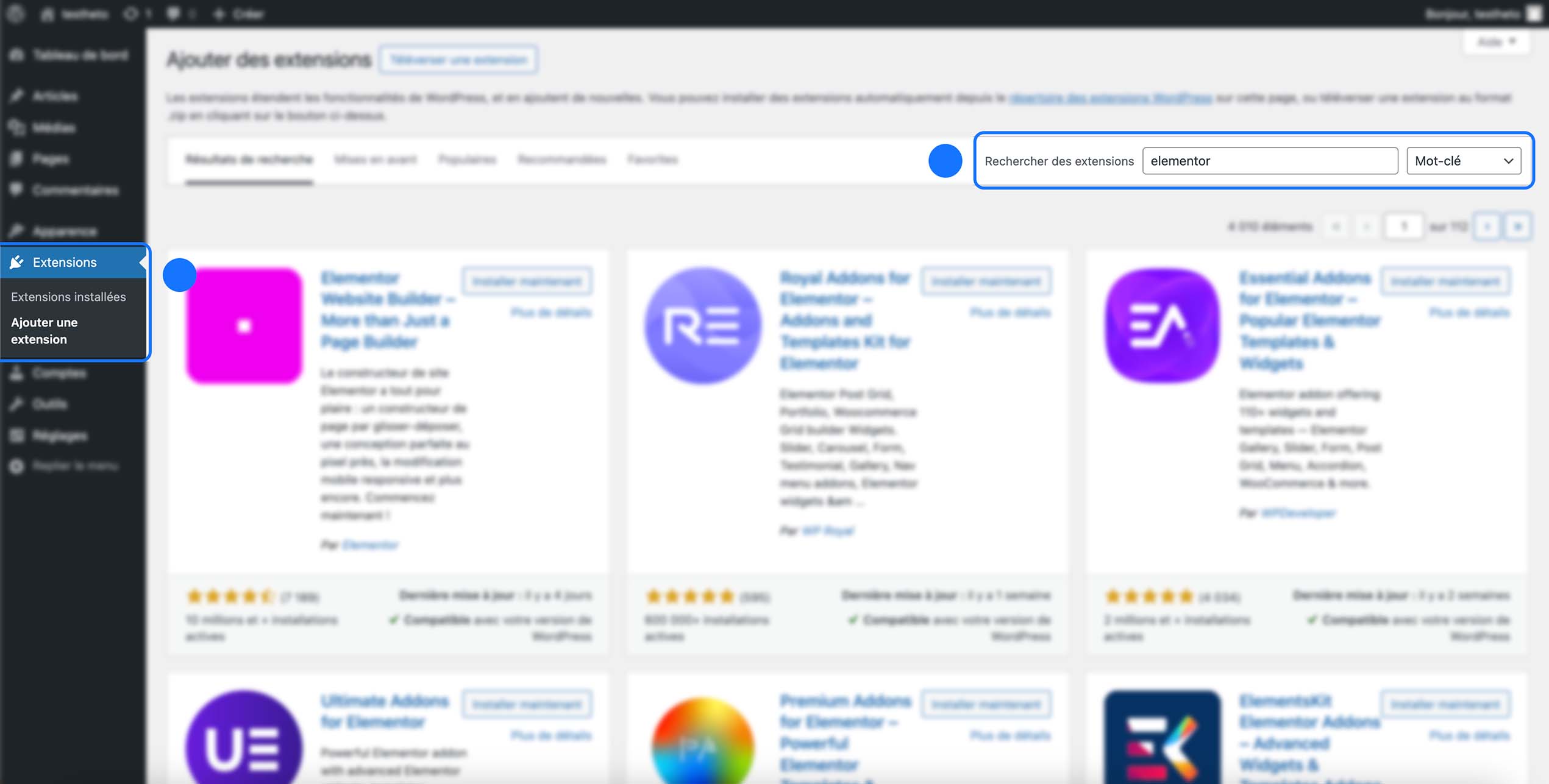 Page Extensions → Ajouter une extension avec une recherche par mot-clé “elementor”, affichant les extensions liées à Elementor dans les résultats.