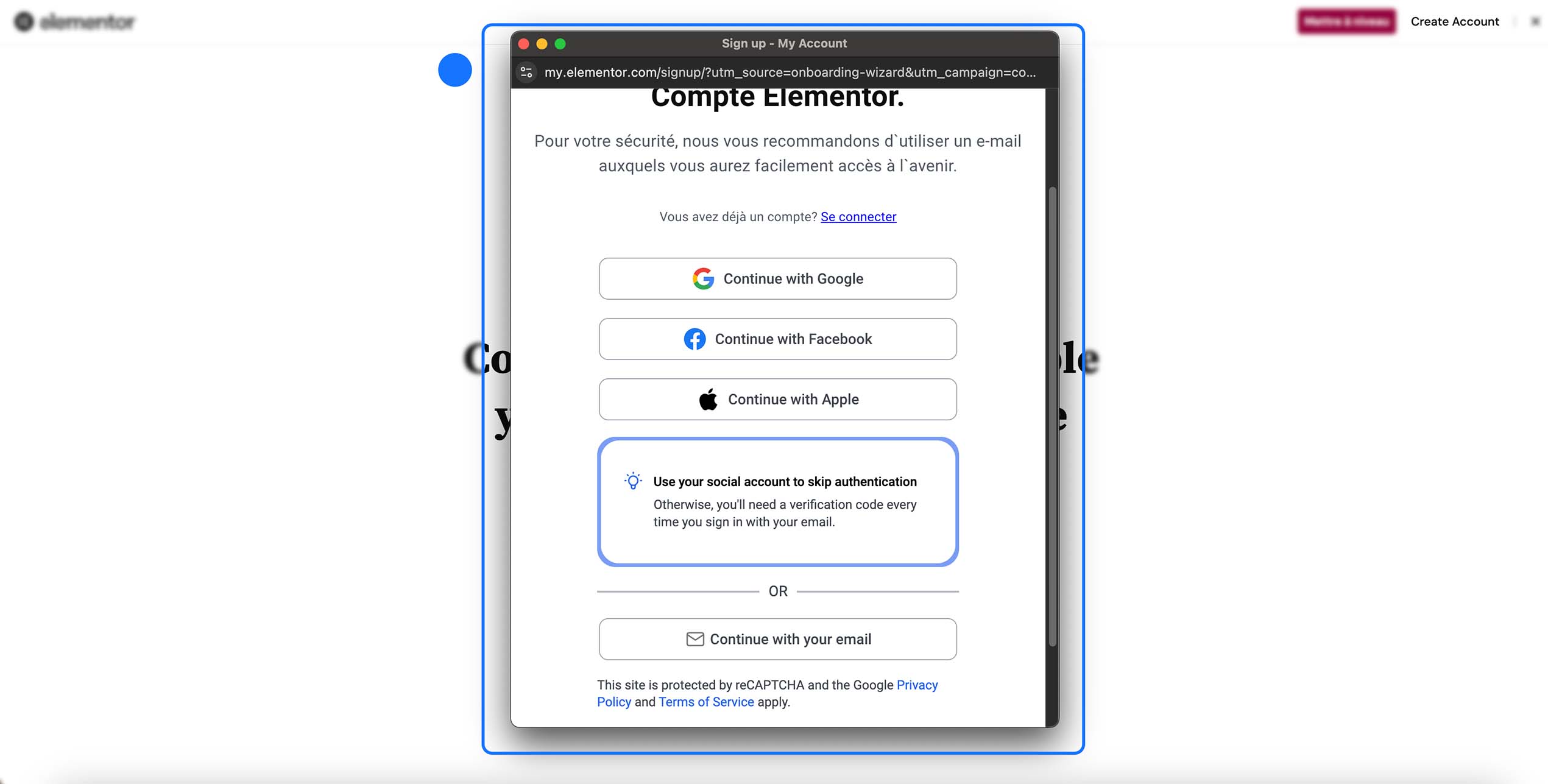 Fenêtre d’inscription Compte Elementor proposant différentes méthodes de connexion : Google, Facebook, Apple ou e-mail, avec un lien pour se connecter à un compte existant et une mention concernant la vérification et la sécurité (reCAPTCHA).