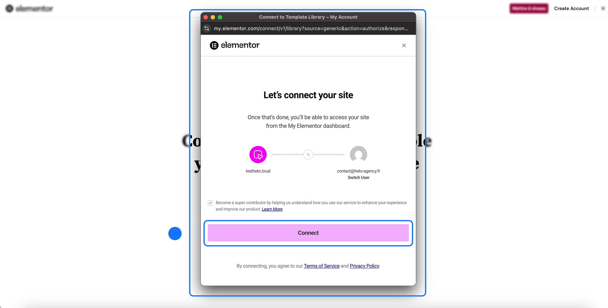 Fenêtre Elementor – Connect to Template Library demandant de connecter le site au compte Elementor, affichant le site et l’utilisateur sélectionné, avec le bouton Connect pour autoriser la liaison et accéder au tableau de bord My Elementor.