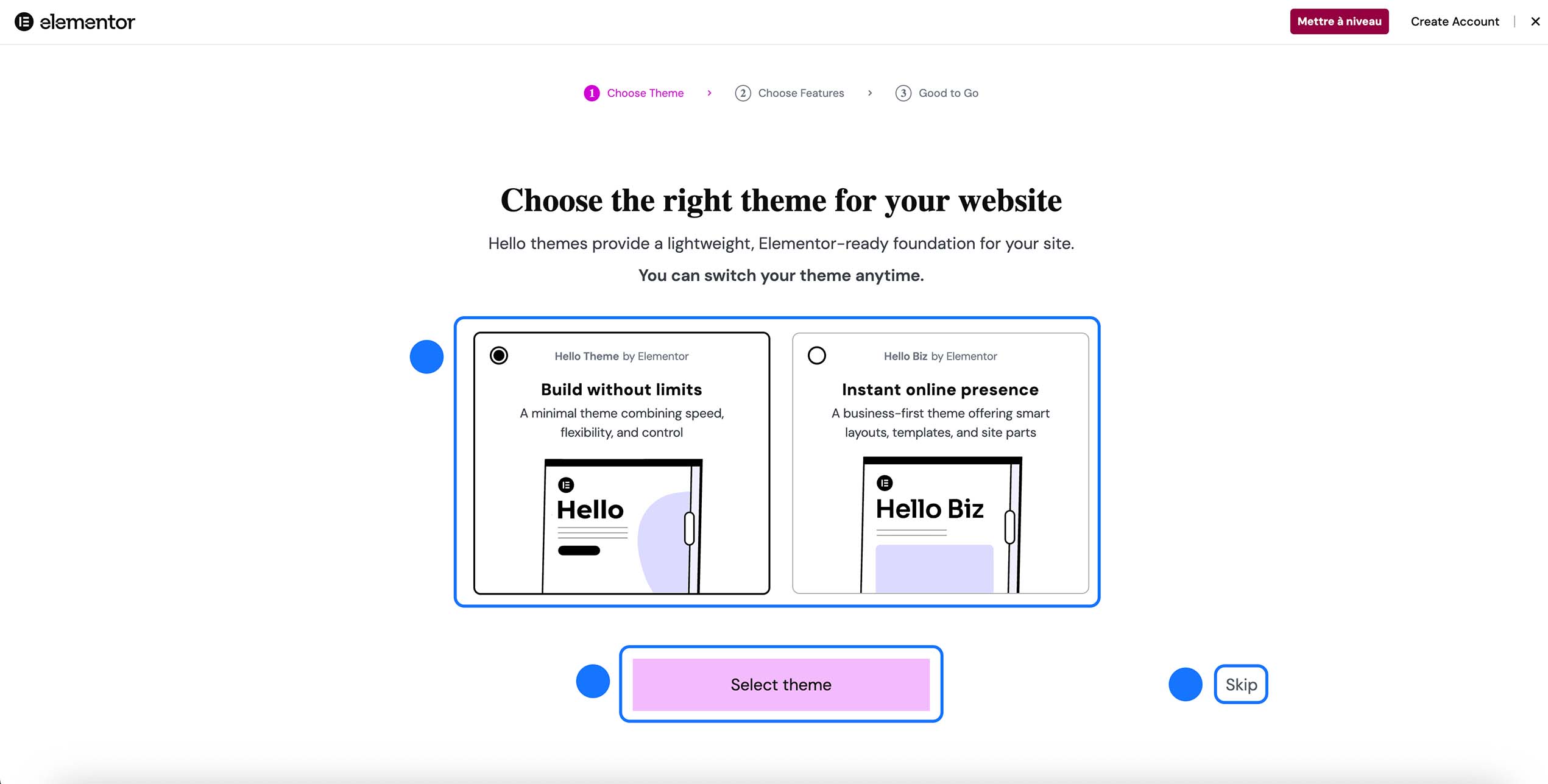 Étape Choose Theme de l’assistant Elementor permettant de choisir un thème (Hello Theme ou Hello Biz), avec le bouton Select theme pour confirmer le choix et l’option Skip pour passer cette étape.