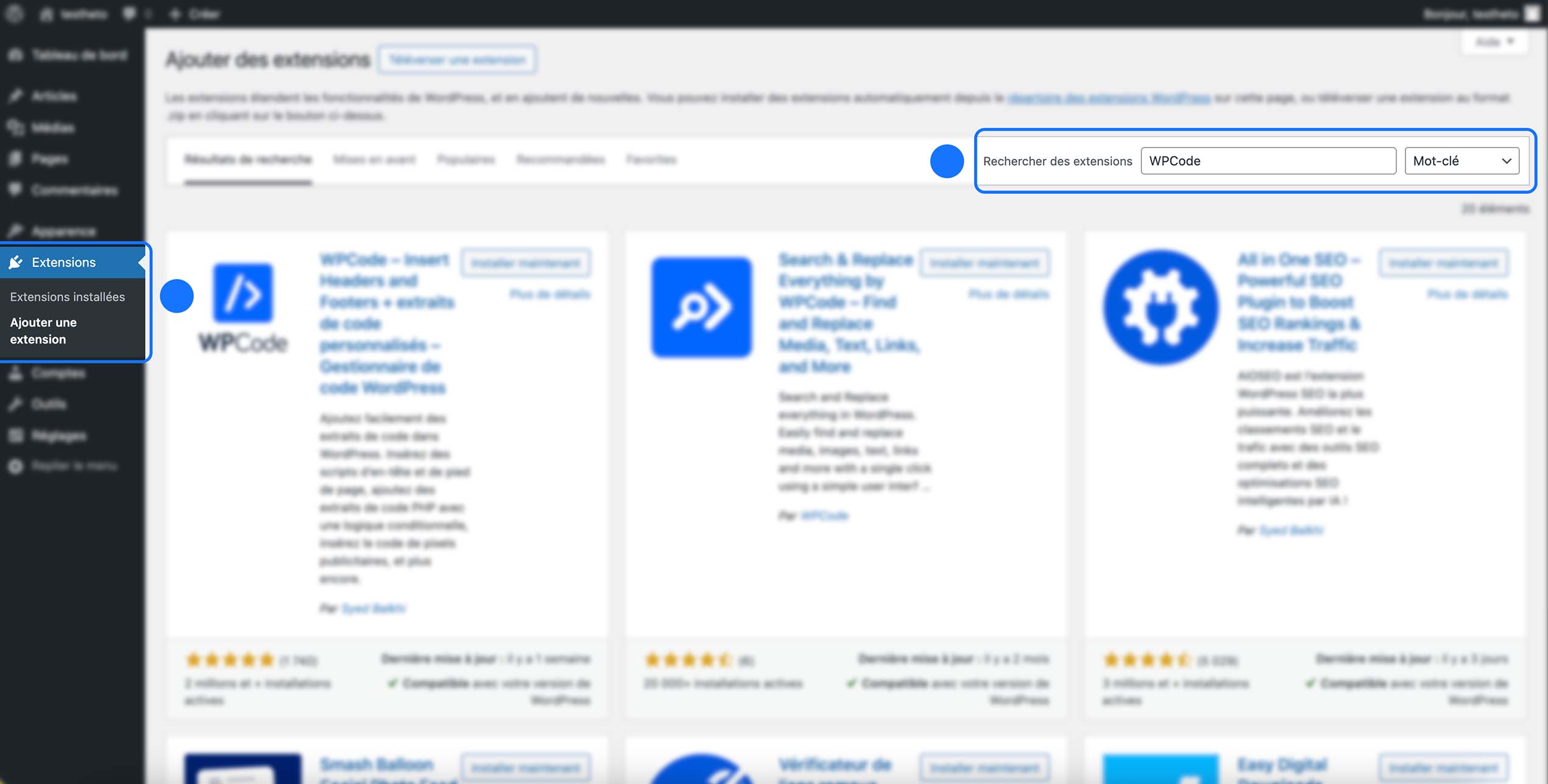 Page Extensions → Ajouter une extension de WordPress avec la recherche par mot-clé “WPCode”, affichant les résultats correspondants dans le répertoire des extensions.