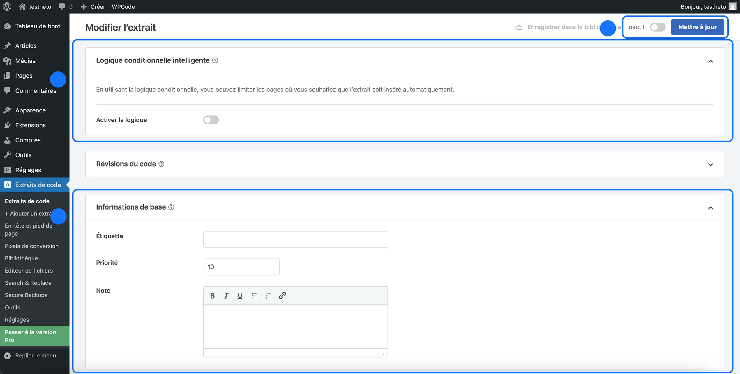 Page de modification de l’extrait dans WPCode avec les paramètres de logique conditionnelle, les informations de base (étiquette, priorité, note) et le bouton Mettre à jour pour enregistrer les changements.