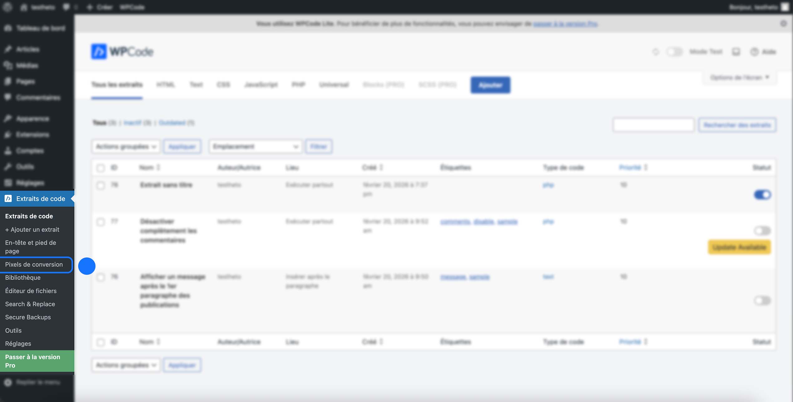 Accès à la section Pixels de conversion dans WPCode pour gérer les scripts de suivi et de tracking.