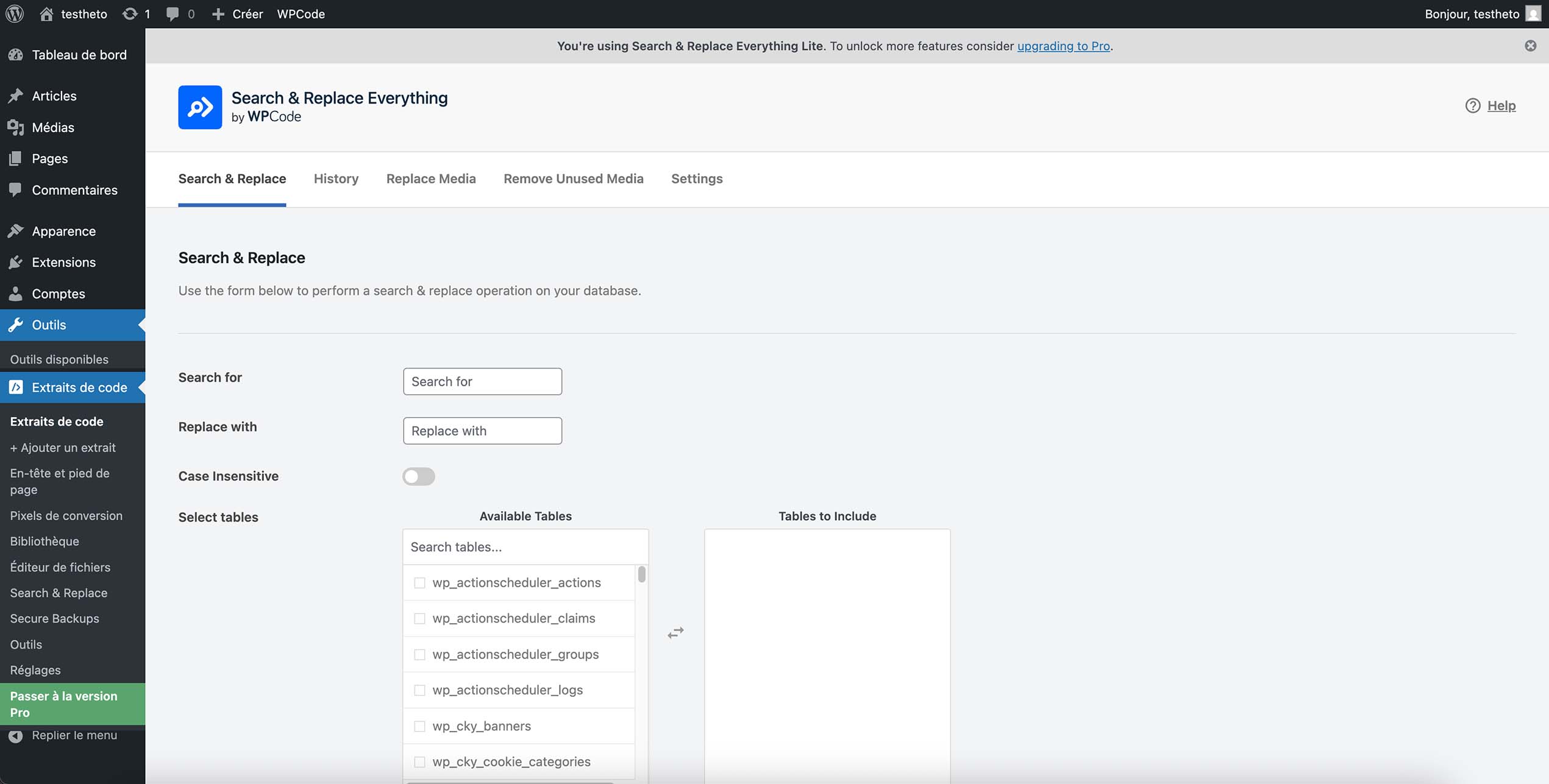 Ouverture de l’outil Search & Replace Everything pour effectuer une recherche et un remplacement de contenu directement dans la base de données WordPress, avec sélection des tables concernées.