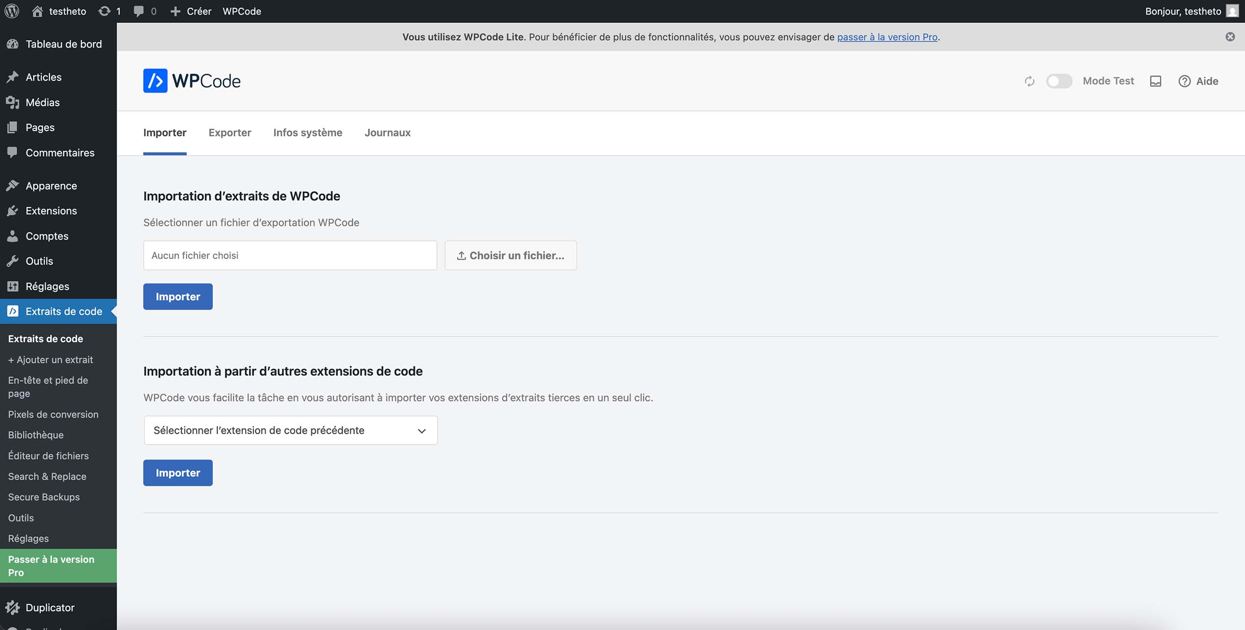 Accès à l’onglet Importer de WPCode pour intégrer des extraits de code via un fichier d’export ou depuis une autre extension de snippets.