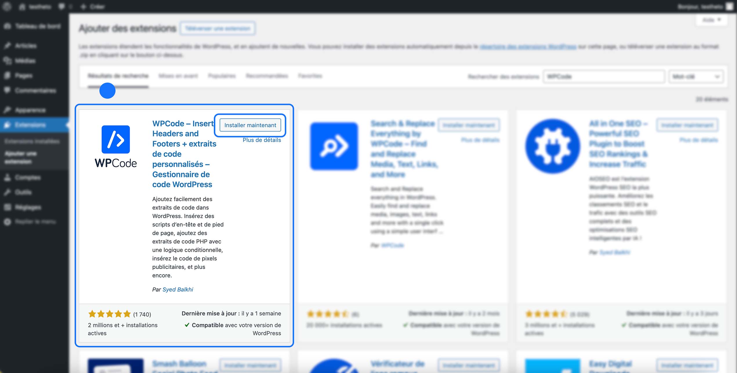Page Ajouter des extensions de WordPress affichant le plugin WPCode – Insert Headers and Footers + extraits de code personnalisés, avec le bouton Installer maintenant, les détails, la note, le nombre d’installations actives et les informations de compatibilité.