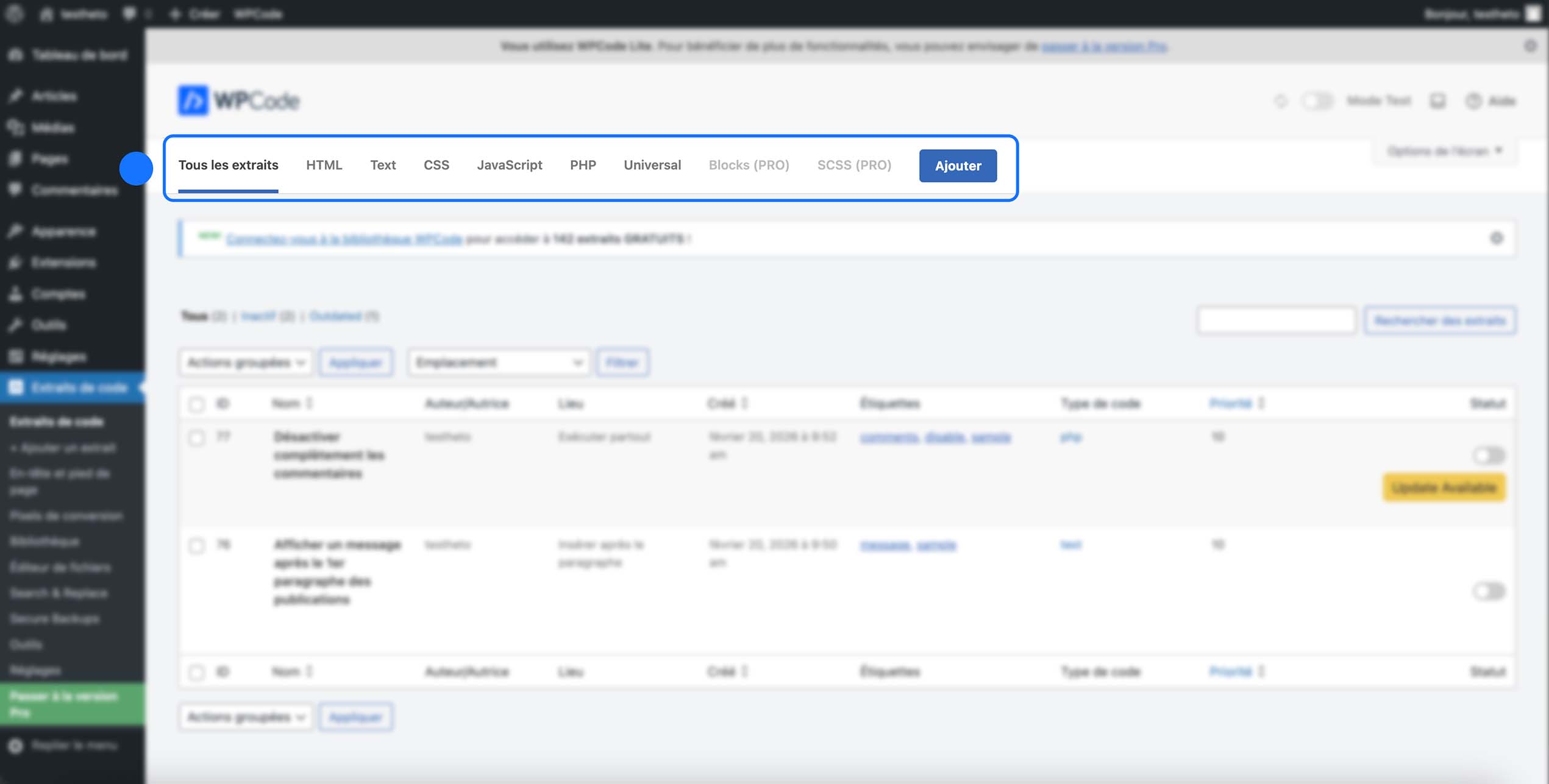 Barre de filtres des extraits de code permettant d’afficher tous les extraits ou de trier par type (HTML, texte, CSS, JavaScript, PHP, universel), avec le bouton Ajouter pour créer un nouvel extrait.