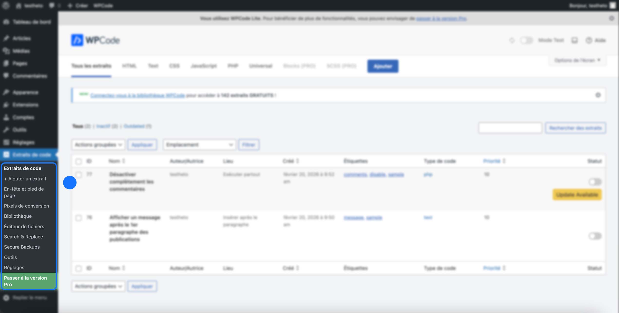 Retour à la liste des extraits de code dans WPCode avec le menu latéral affichant les options pour ajouter un extrait, gérer l’en-tête et le pied de page, les pixels de conversion et les autres outils disp