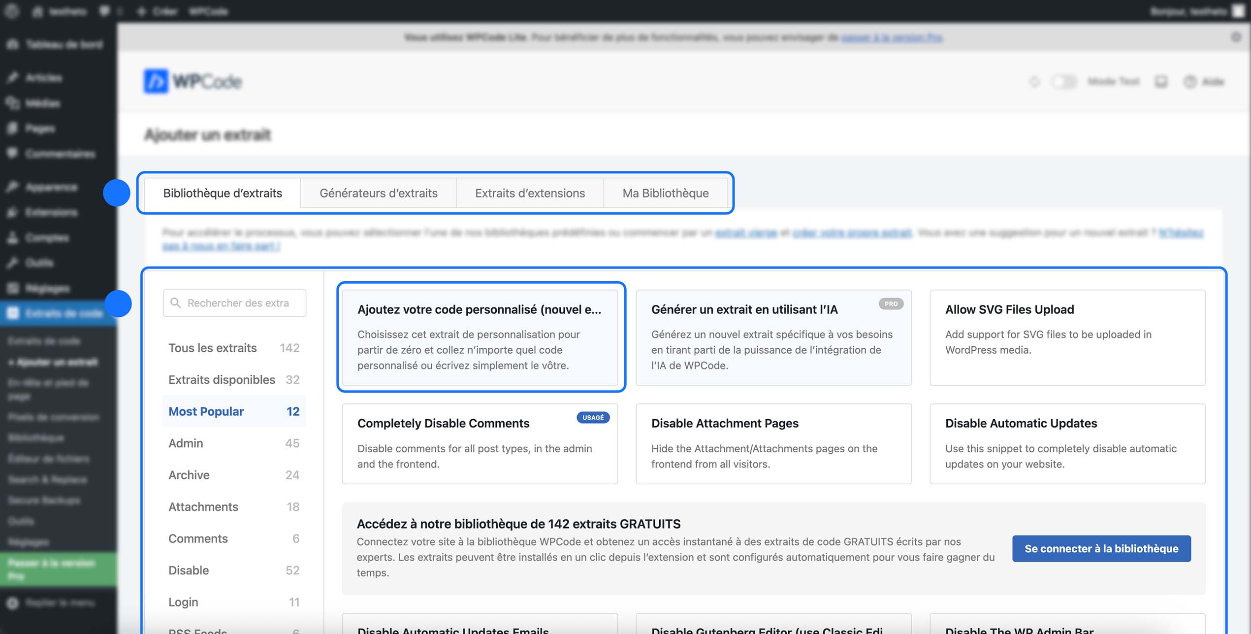 Écran Ajouter un extrait avec accès à la bibliothèque d’extraits, aux générateurs d’extraits et aux extraits d’extensions, ainsi que l’option pour créer un nouvel extrait de code personnalisé.