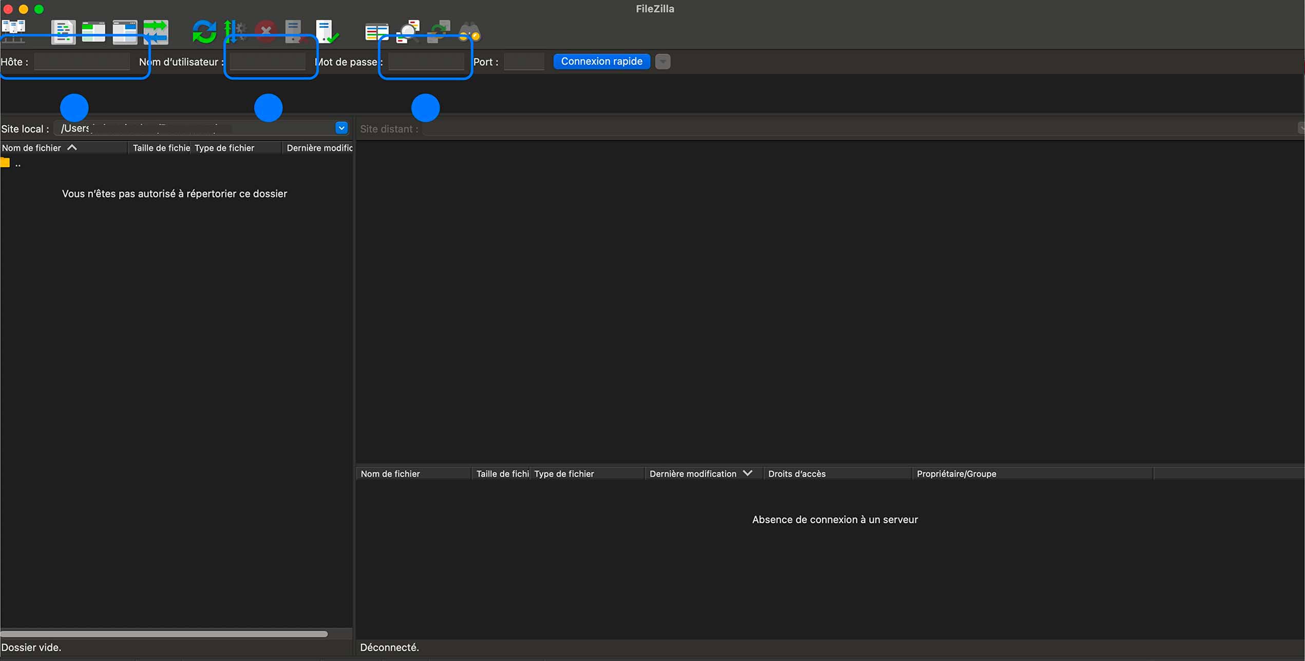 Barre de connexion FileZilla visible, champs Hôte, Nom d’utilisateur, Mot de passe et Port prêts à être remplis, aucune connexion serveur active.