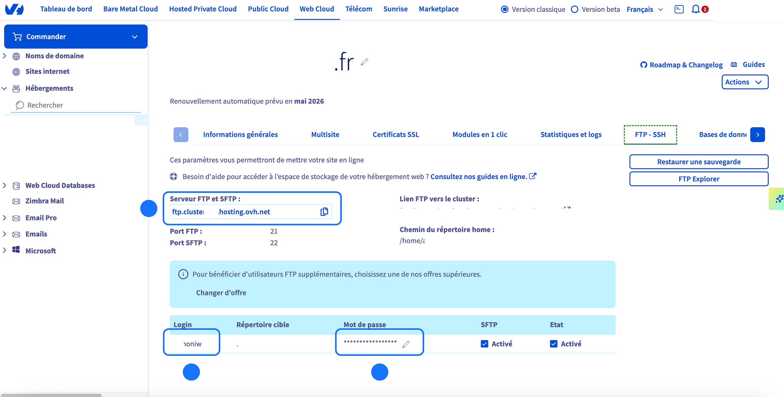 Onglet FTP-SSH de l’hébergement OVH ouvert, serveur FTP affiché (ftp.cluster…hosting.ovh.net), ports 21/22 visibles, identifiant FTP configuré et accès SFTP activé.
