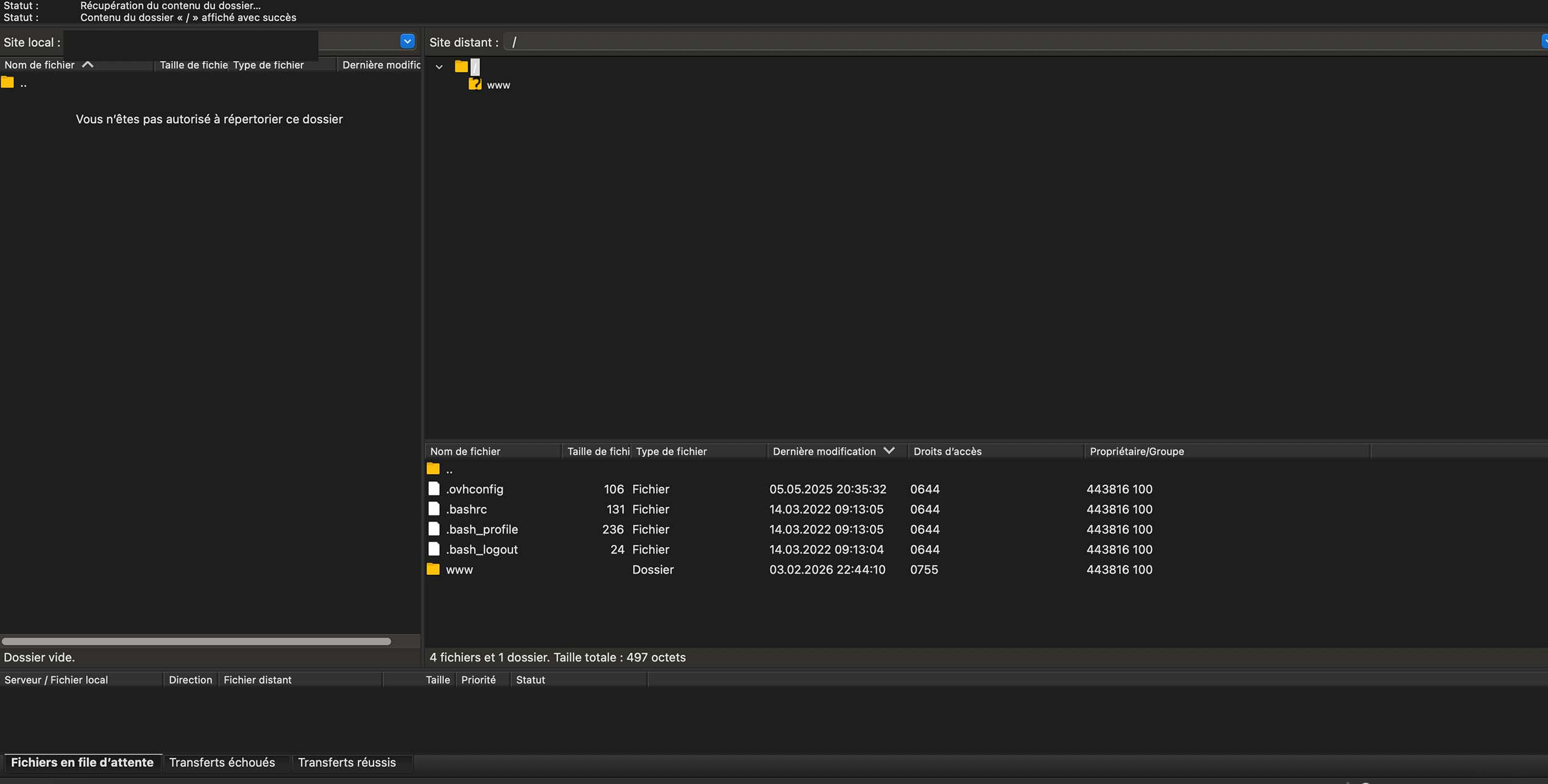 Dossier racine du serveur OVH affiché dans FileZilla, contenu visible avec fichiers système (.ovhconfig, bash…) et dossier “www” présent, prêt à être ouvert pour accéder aux fichiers du site.