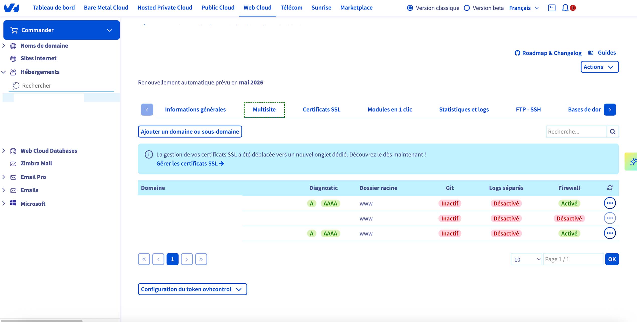 OVHcloud Multisite : gestion des domaines et sous-domaines, dossier racine WWW, DNS, SSL et firewall.