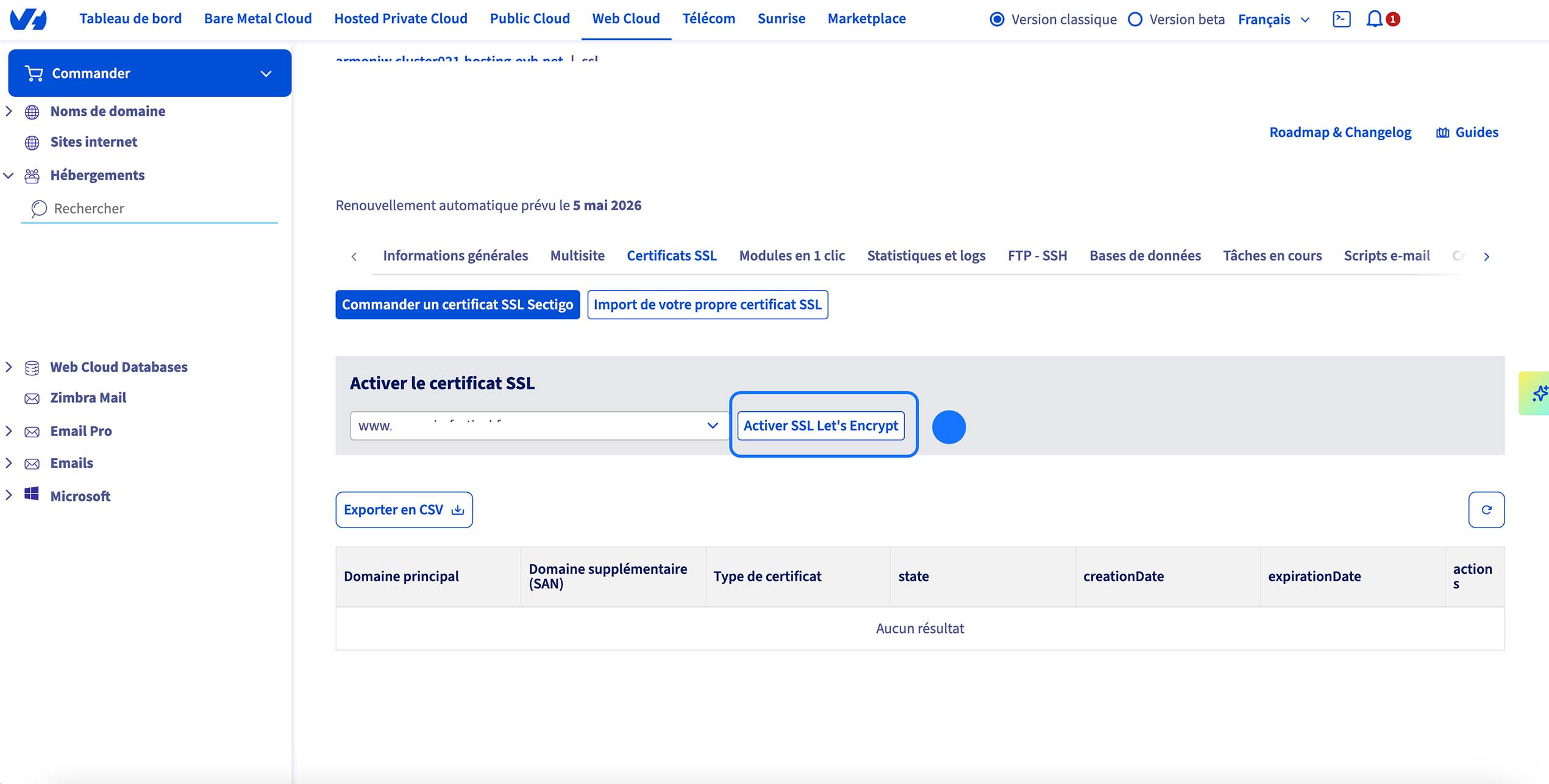 OVHcloud certificats SSL : activer Let’s Encrypt pour un domaine depuis l’hébergement web.
