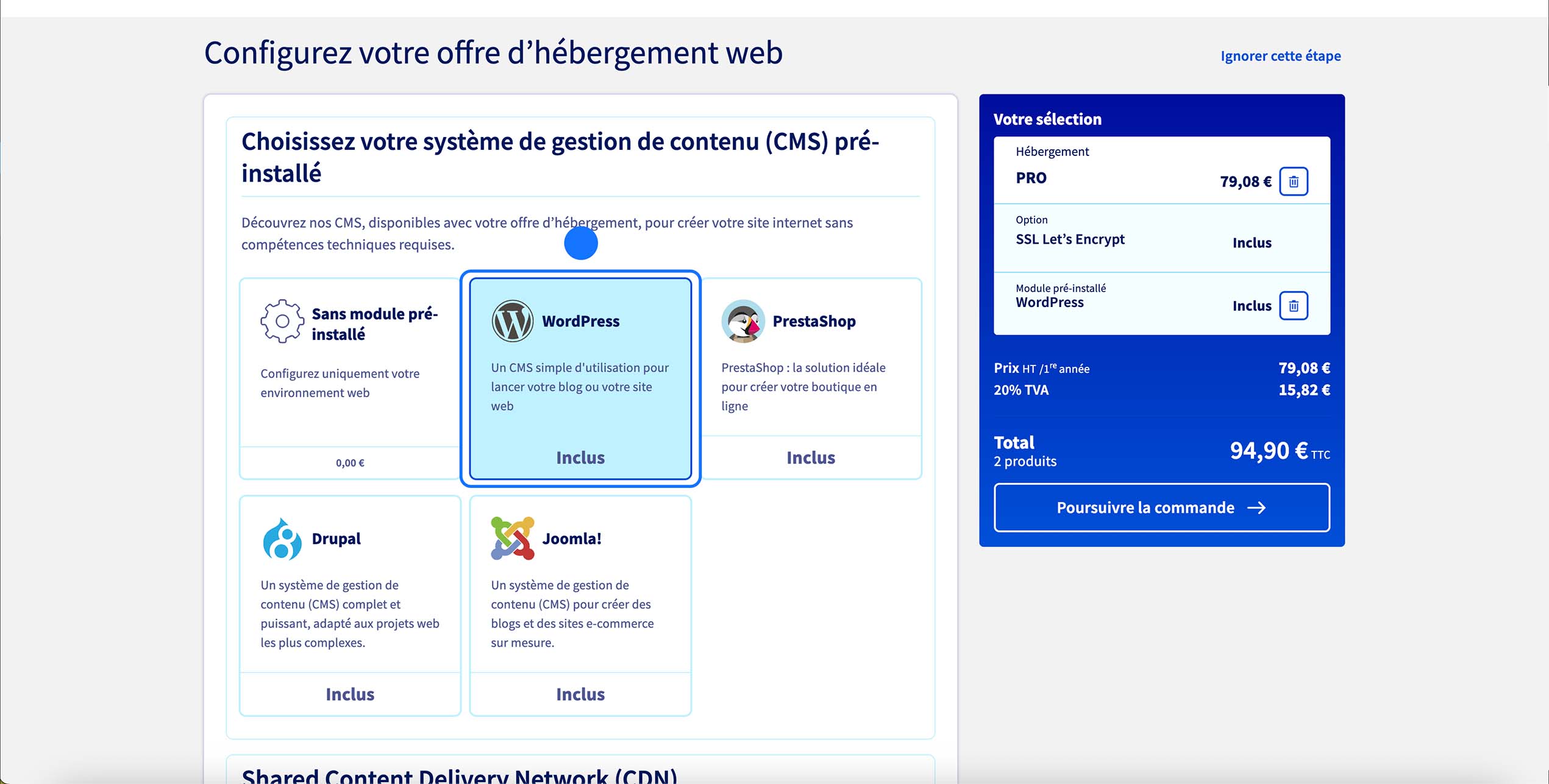Sélection du CMS WordPress pré-installé sur hébergement OVHcloud, option incluse, récapitulatif PRO + SSL + WordPress, total 94,90 € TTC.