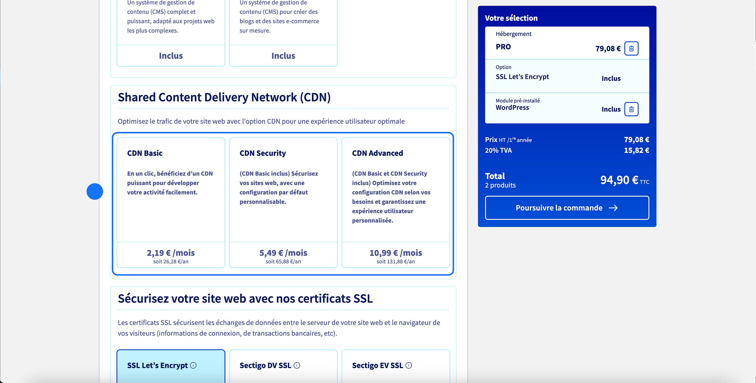 Section CDN (Shared Content Delivery Network) affichée avec offres CDN Basic (2,19 €/mois), CDN Security (5,49 €/mois) et CDN Advanced (10,99 €/mois), aucune sélection visible ; récapitulatif commande à droite (Hébergement PRO, SSL Let’s Encrypt inclus, WordPress inclus, total 94,90 € TTC).