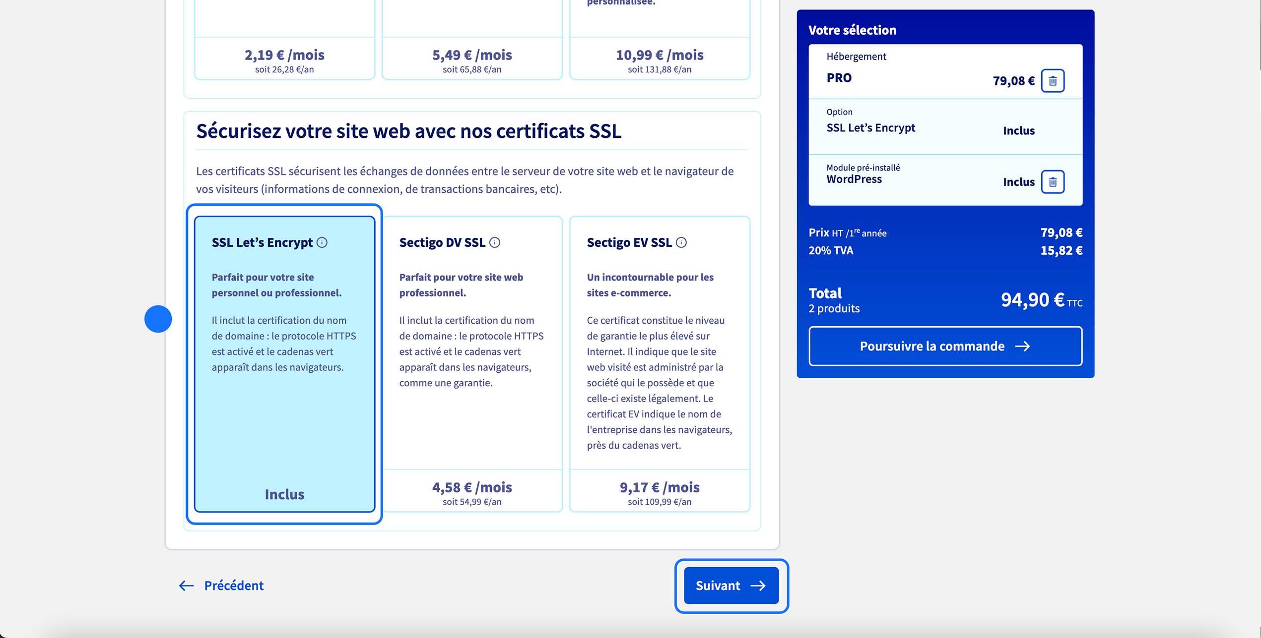 Section Certificats SSL affichée, SSL Let’s Encrypt sélectionné et marqué Inclus, autres options Sectigo visibles, bouton “Suivant” en bas, récapitulatif de commande.