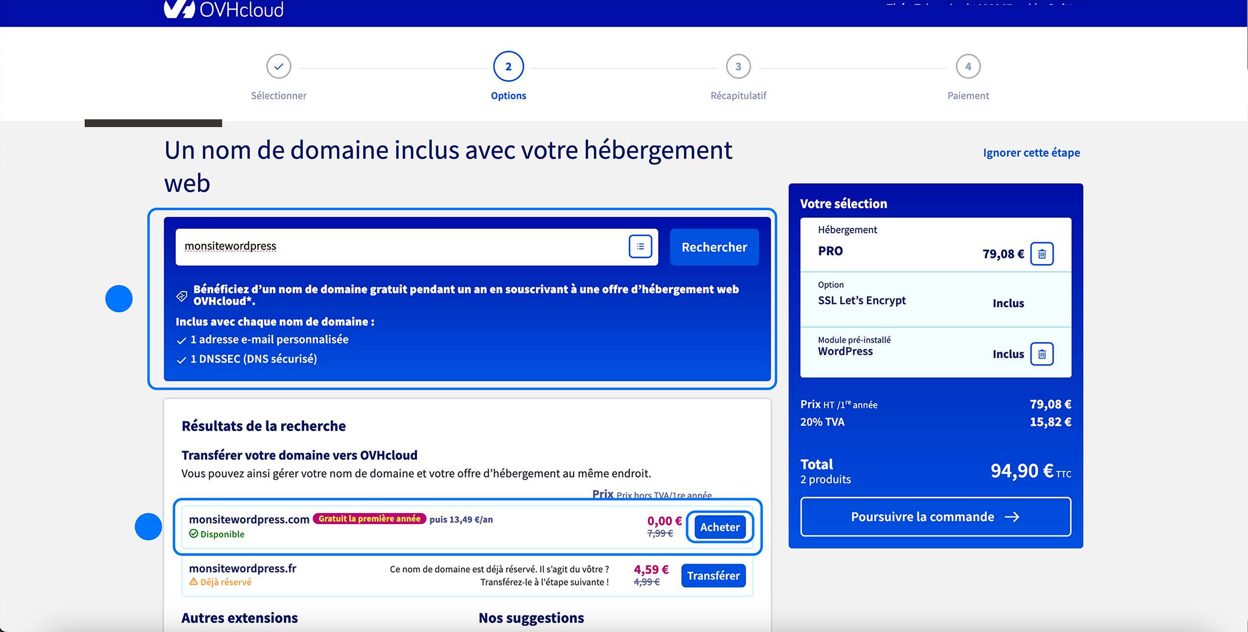 Recherche du domaine monsitewordpress effectuée, résultat affiché : monsitewordpress.com disponible, gratuit la 1ère année avec l’hébergement, bouton “Acheter” visible, récapitulatif de commande à droite inchangé.