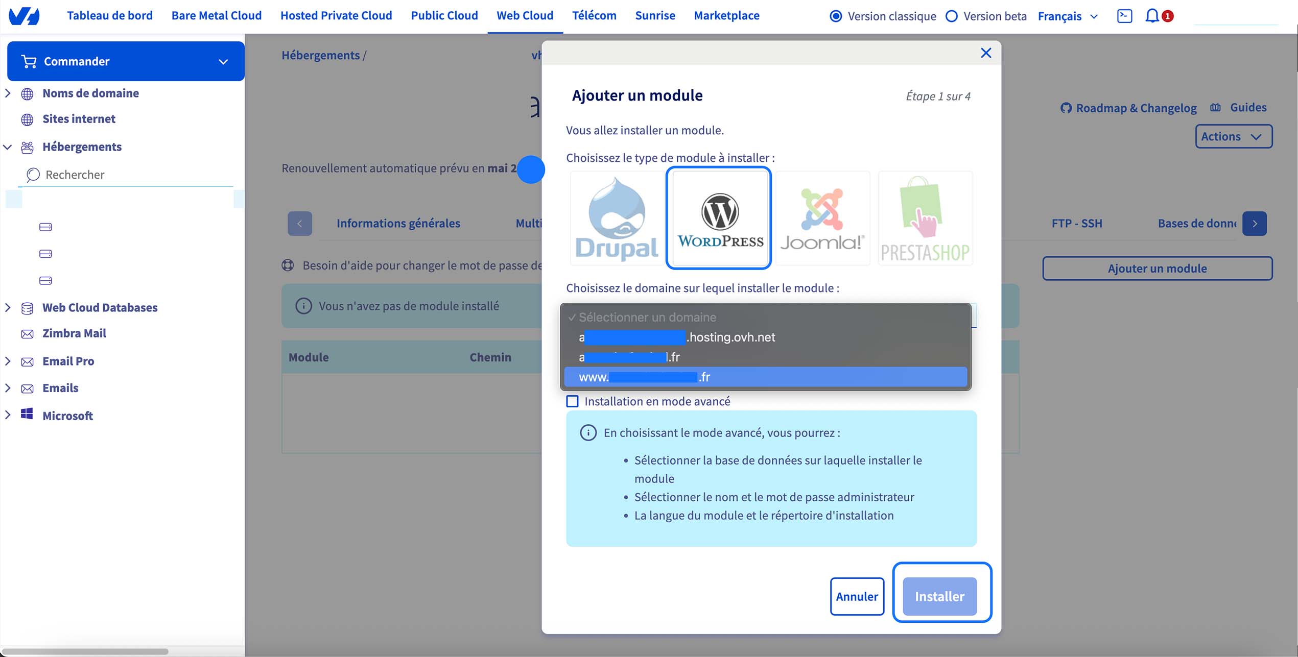 Fenêtre “Ajouter un module” OVHcloud ouverte, WordPress sélectionné, choix du domaine en cours via la liste déroulante, installation prête à être lancée.