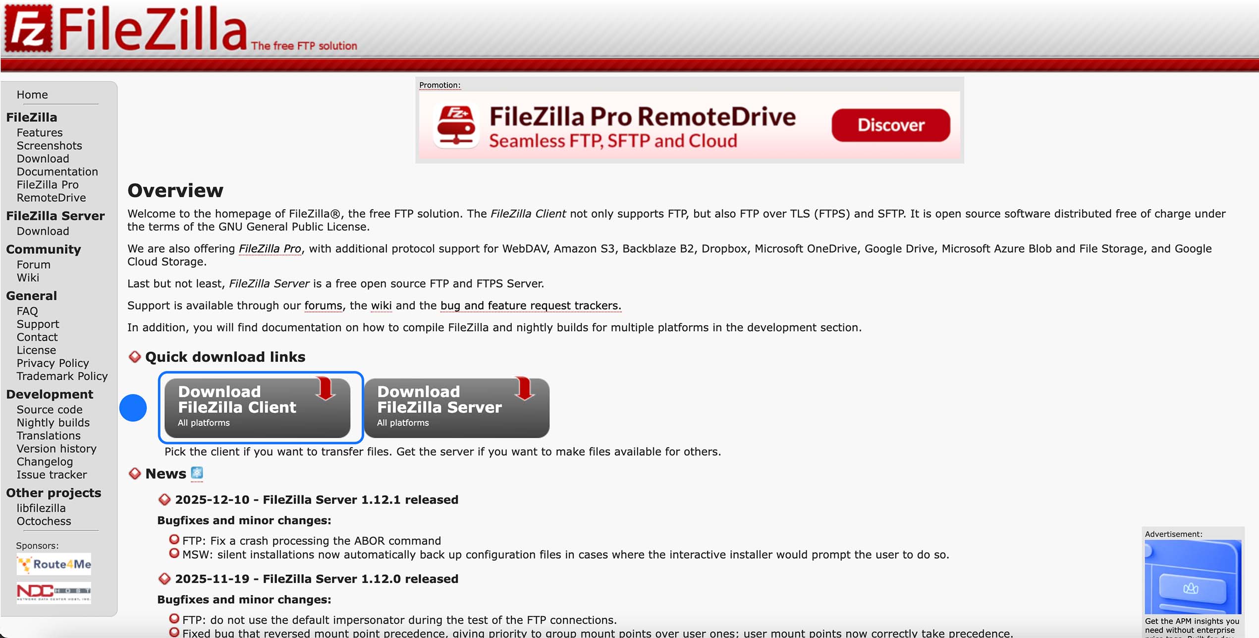 Page d’accueil FileZilla affichée, section Quick download links visible avec le bouton “Download FileZilla Client”, prêt à télécharger le client FTP.