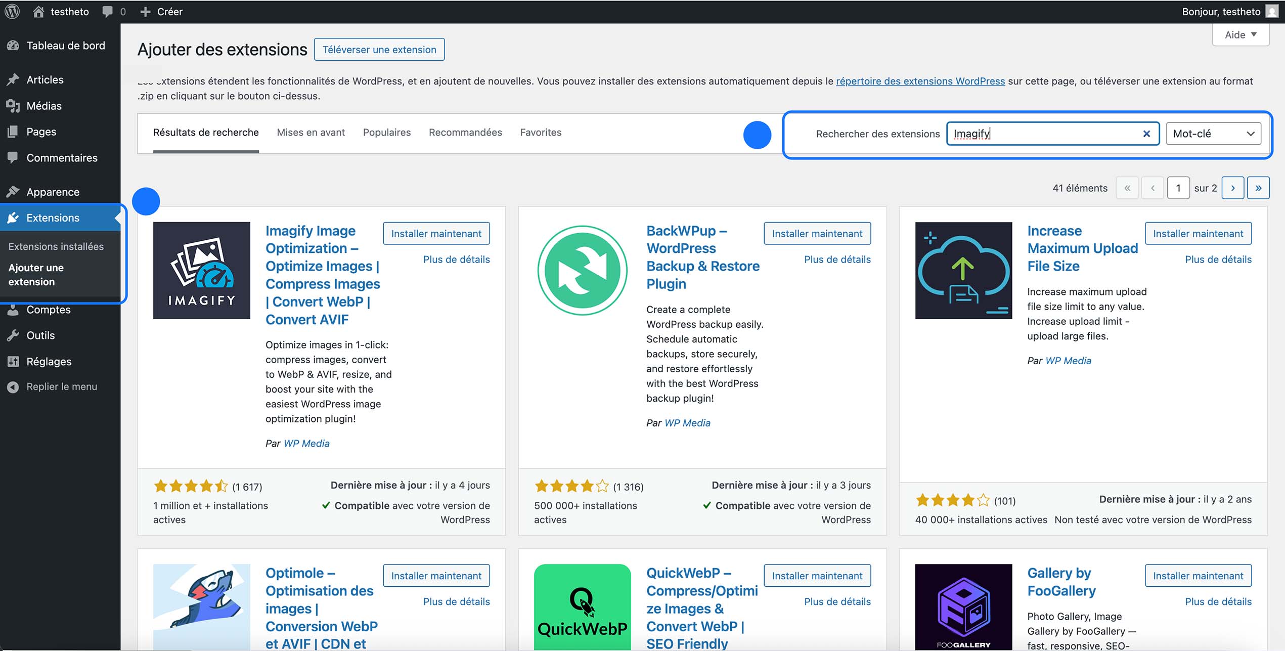 Recherche du plugin Imagify dans le répertoire des extensions WordPress