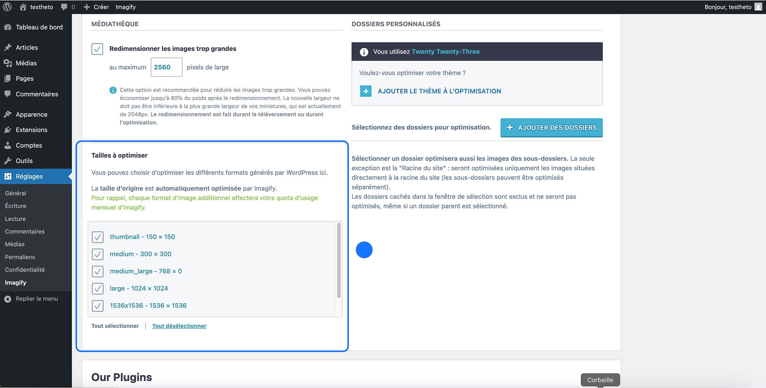 Réglages du plugin WordPress Imagify permettant de choisir les tailles d’images à optimiser dans la médiathèque