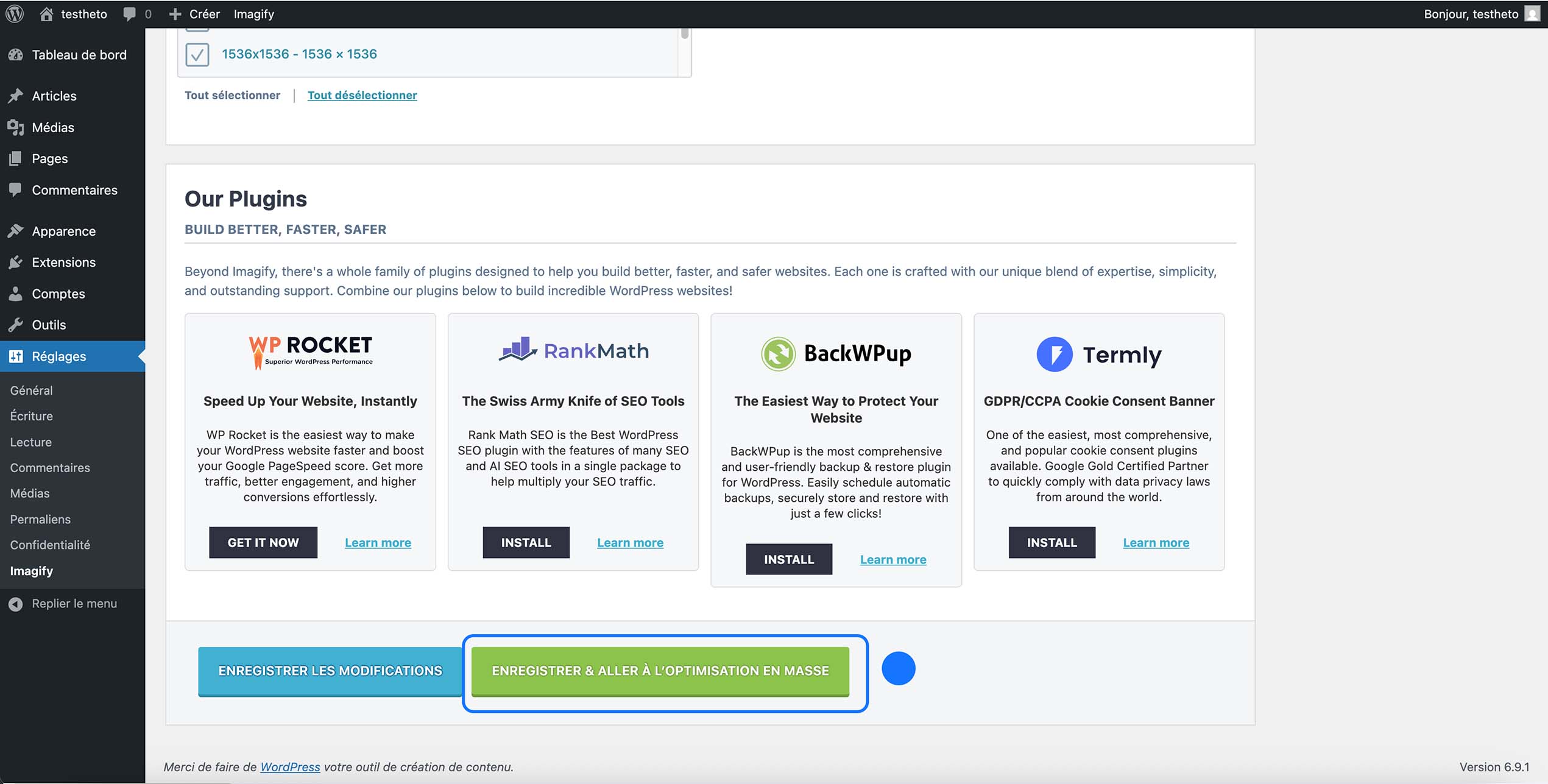 Page des réglages du plugin WordPress Imagify avec le bouton pour enregistrer et lancer l’optimisation en masse des images