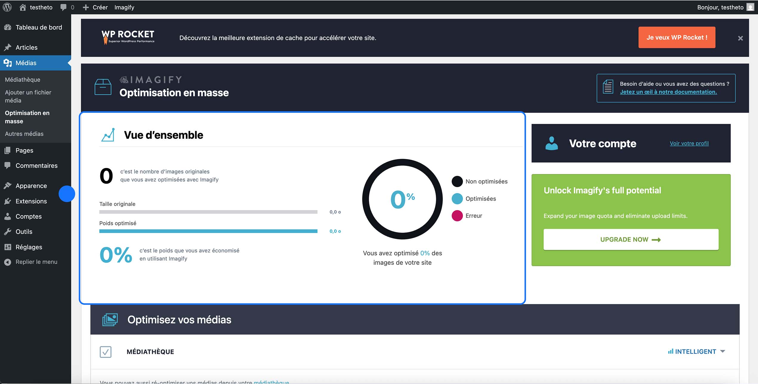 Vue d’ensemble du plugin WordPress Imagify affichant les statistiques d’optimisation des images du site