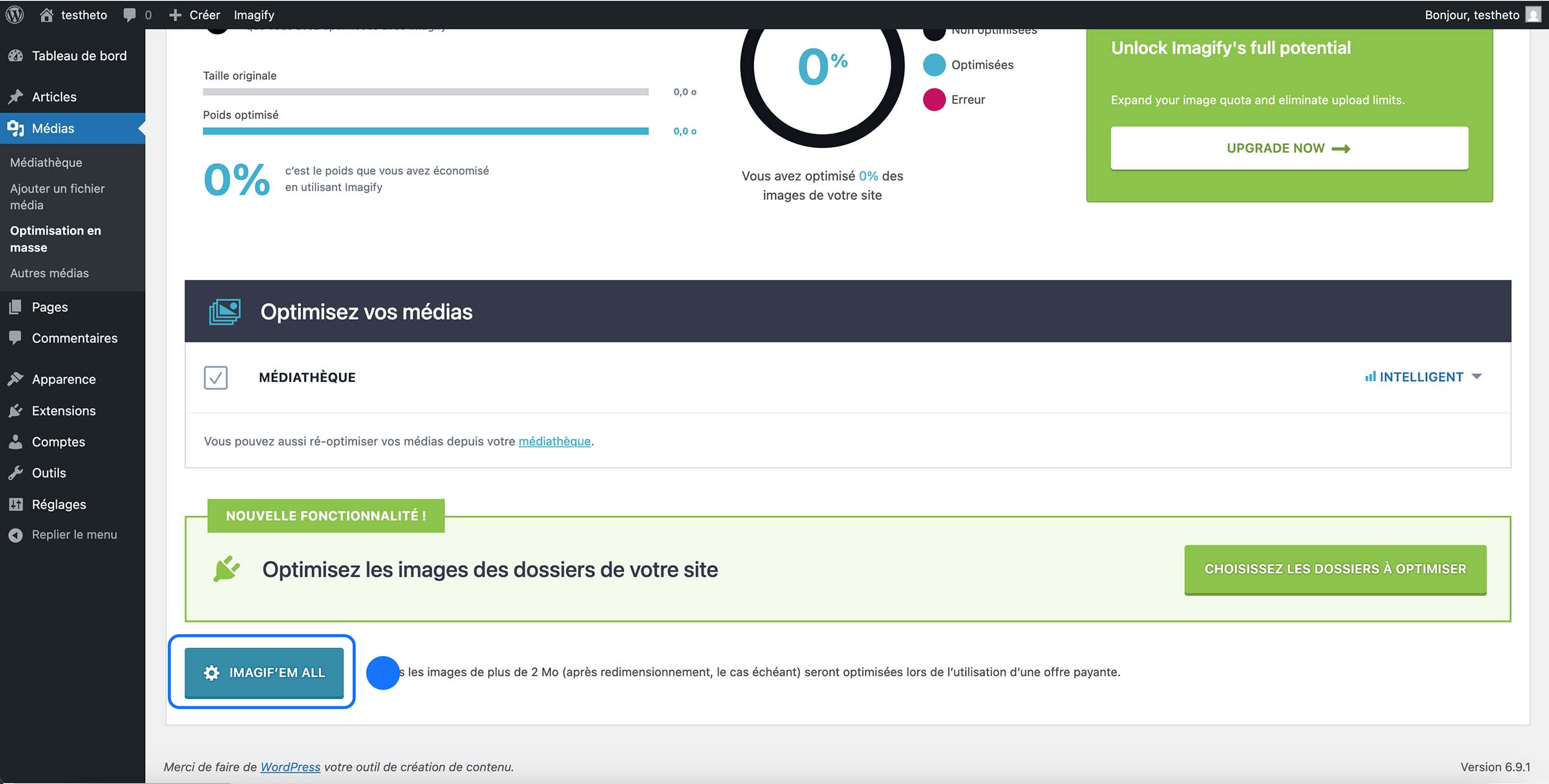 Tableau de bord du plugin WordPress Imagify avec l’option d’optimisation en masse des images de la médiathèque