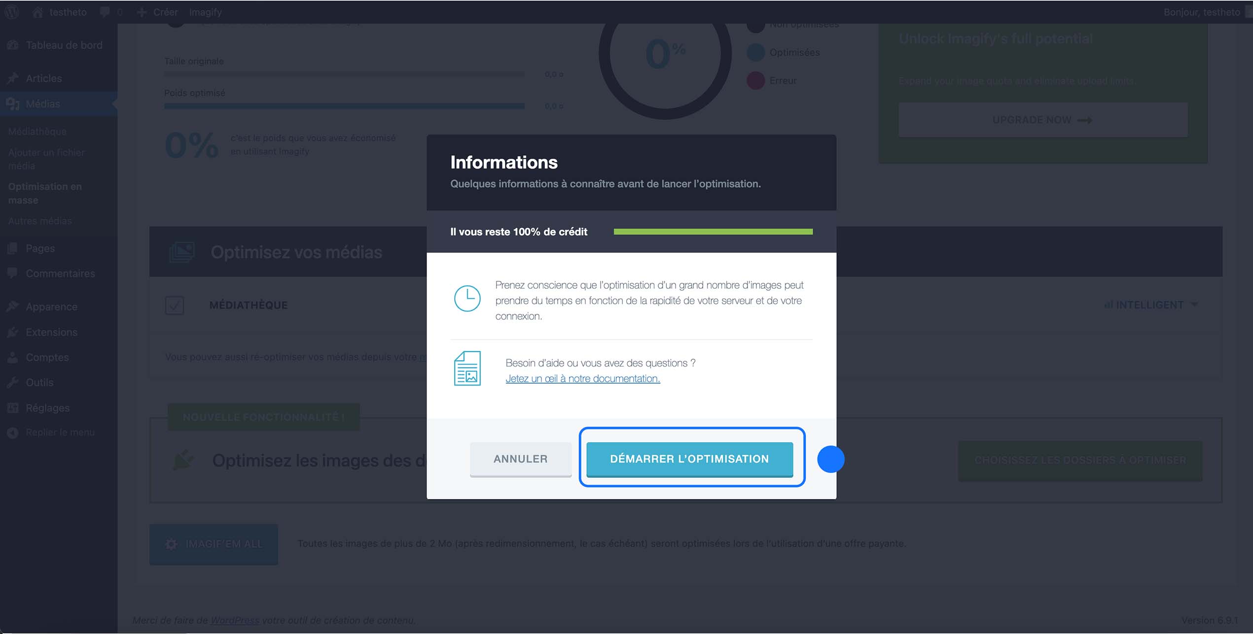 Fenêtre d’information du plugin WordPress Imagify avant de démarrer l’optimisation des images de la médiathèque
