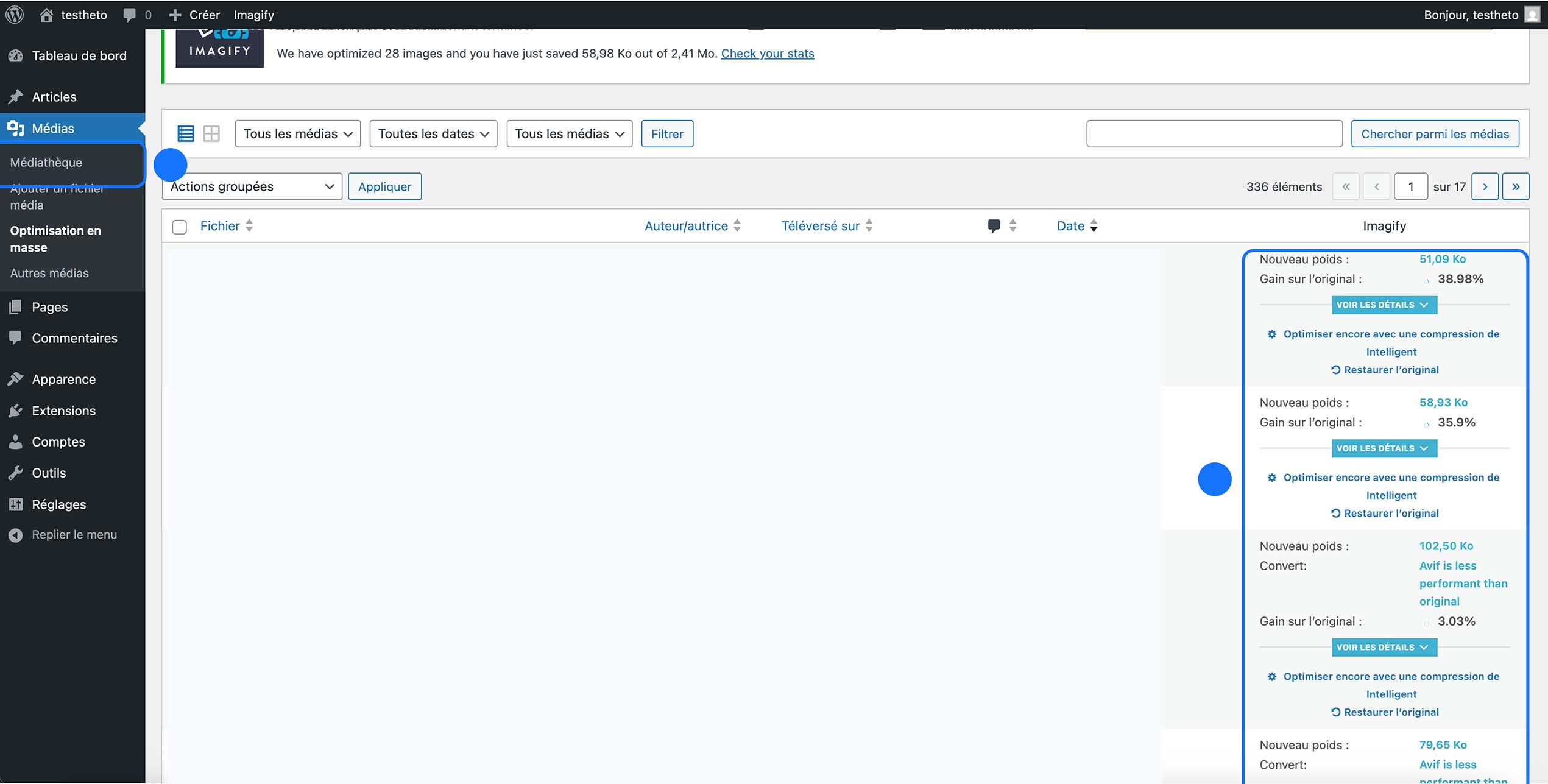 Interface de la médiathèque WordPress affichant les résultats d’optimisation des images par le plugin Imagify