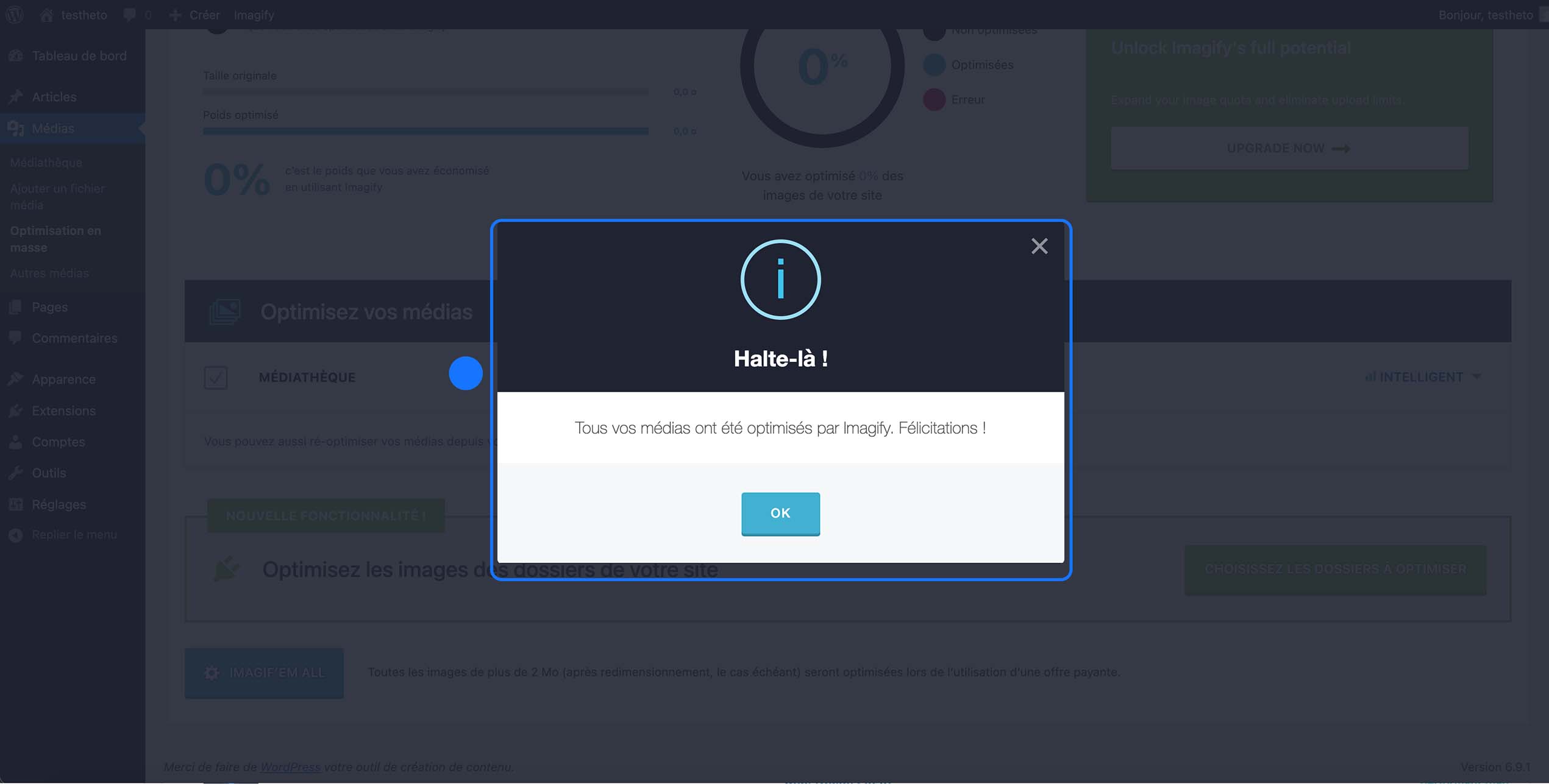 Message de confirmation du plugin WordPress Imagify indiquant que toutes les images de la médiathèque ont été optimisées