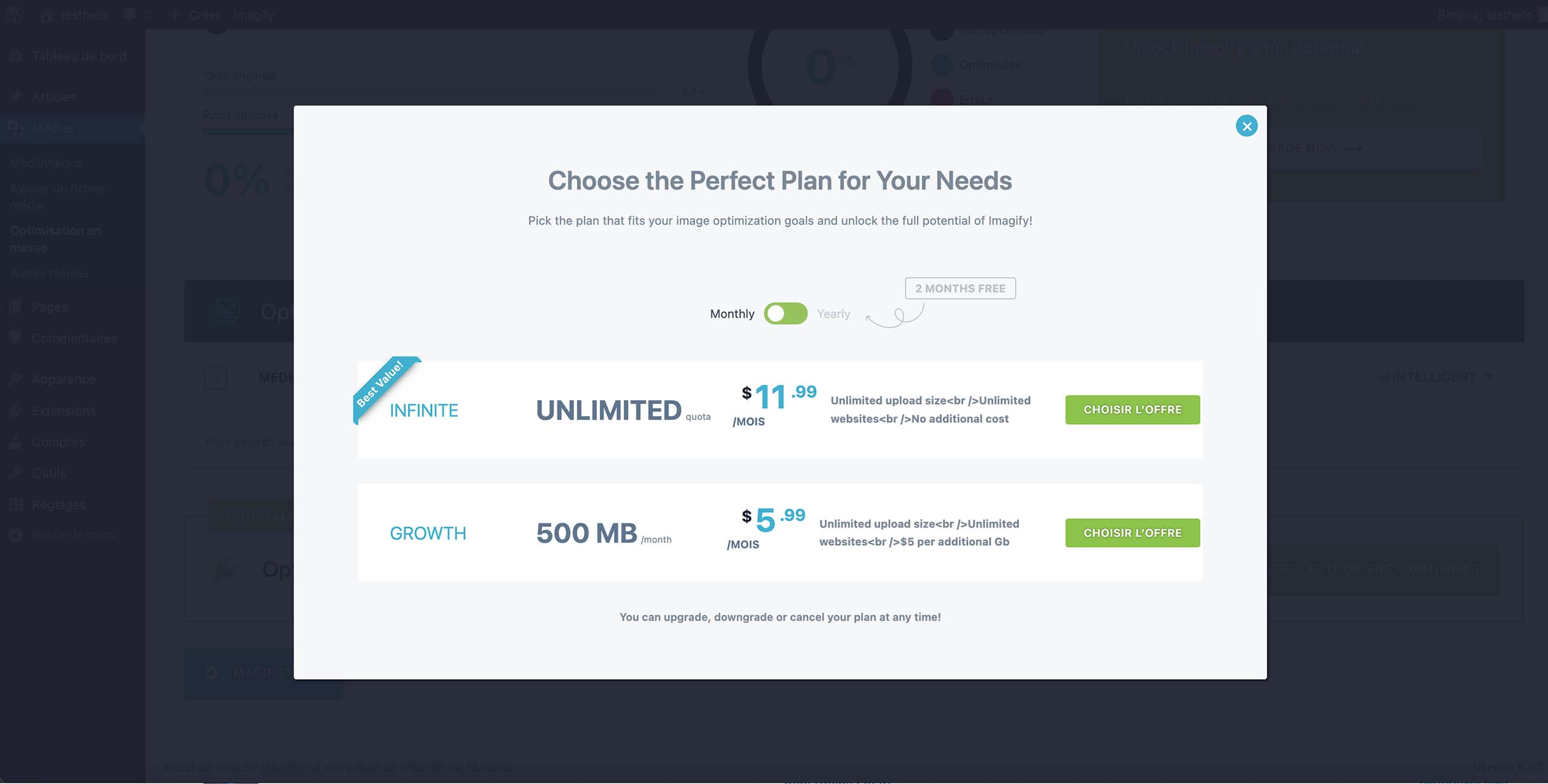 Fenêtre de sélection d’abonnement du plugin WordPress Imagify présentant les différentes offres de compression d’images