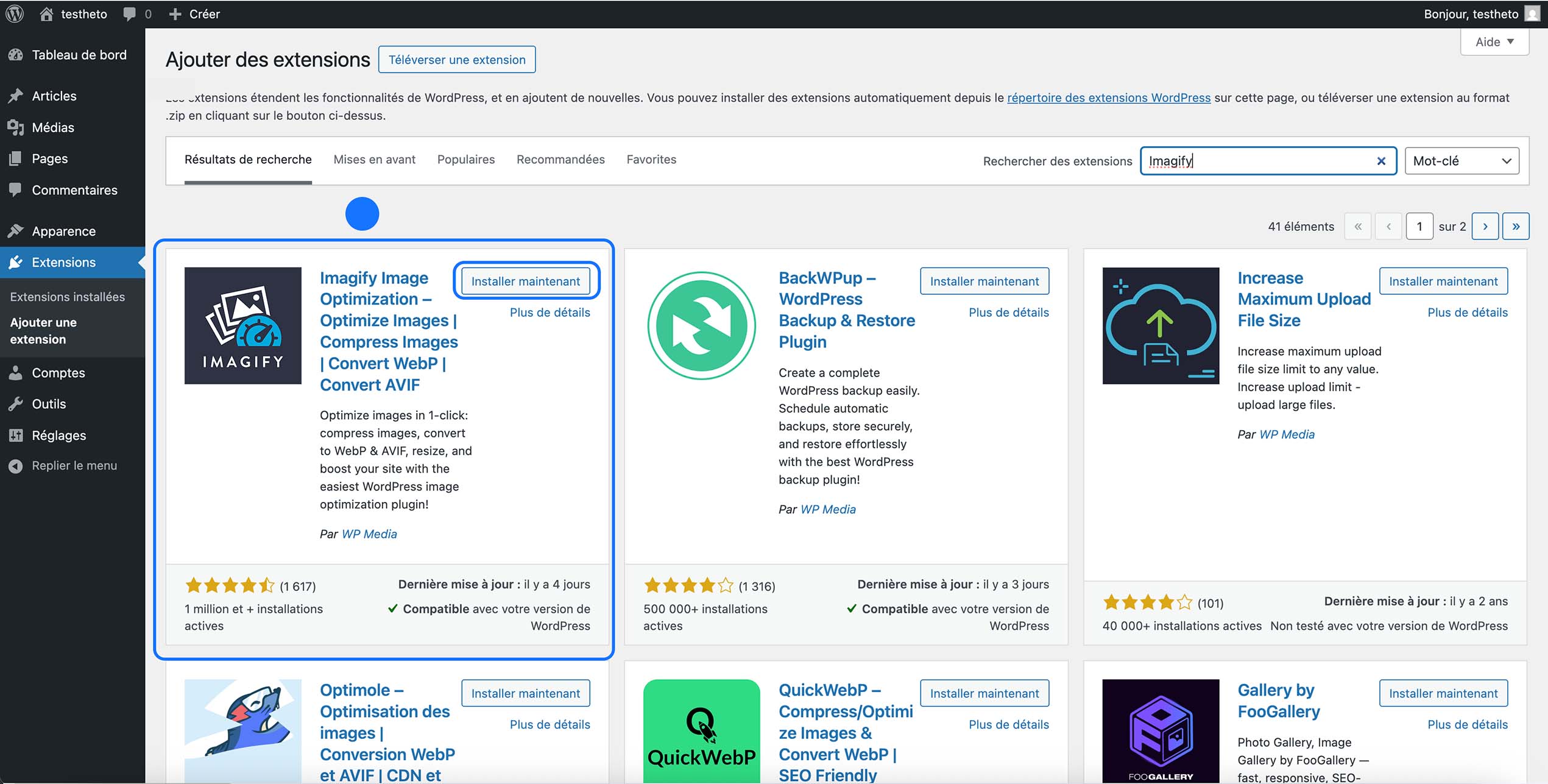 Résultats de recherche d’extensions WordPress affichant Imagify avec le bouton Installer maintenant