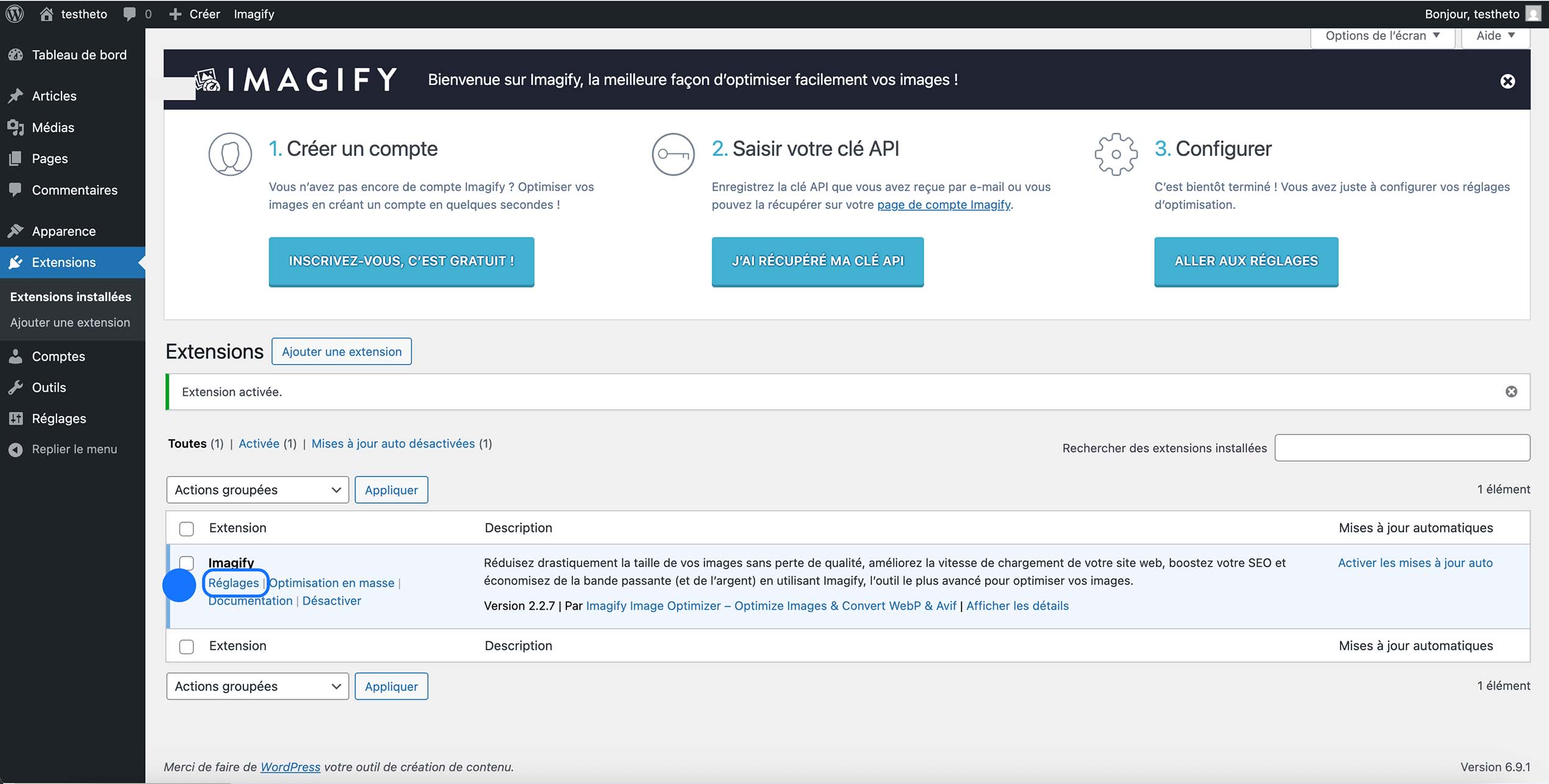 Liste des extensions WordPress avec Imagify activé et accès aux réglages du plugin