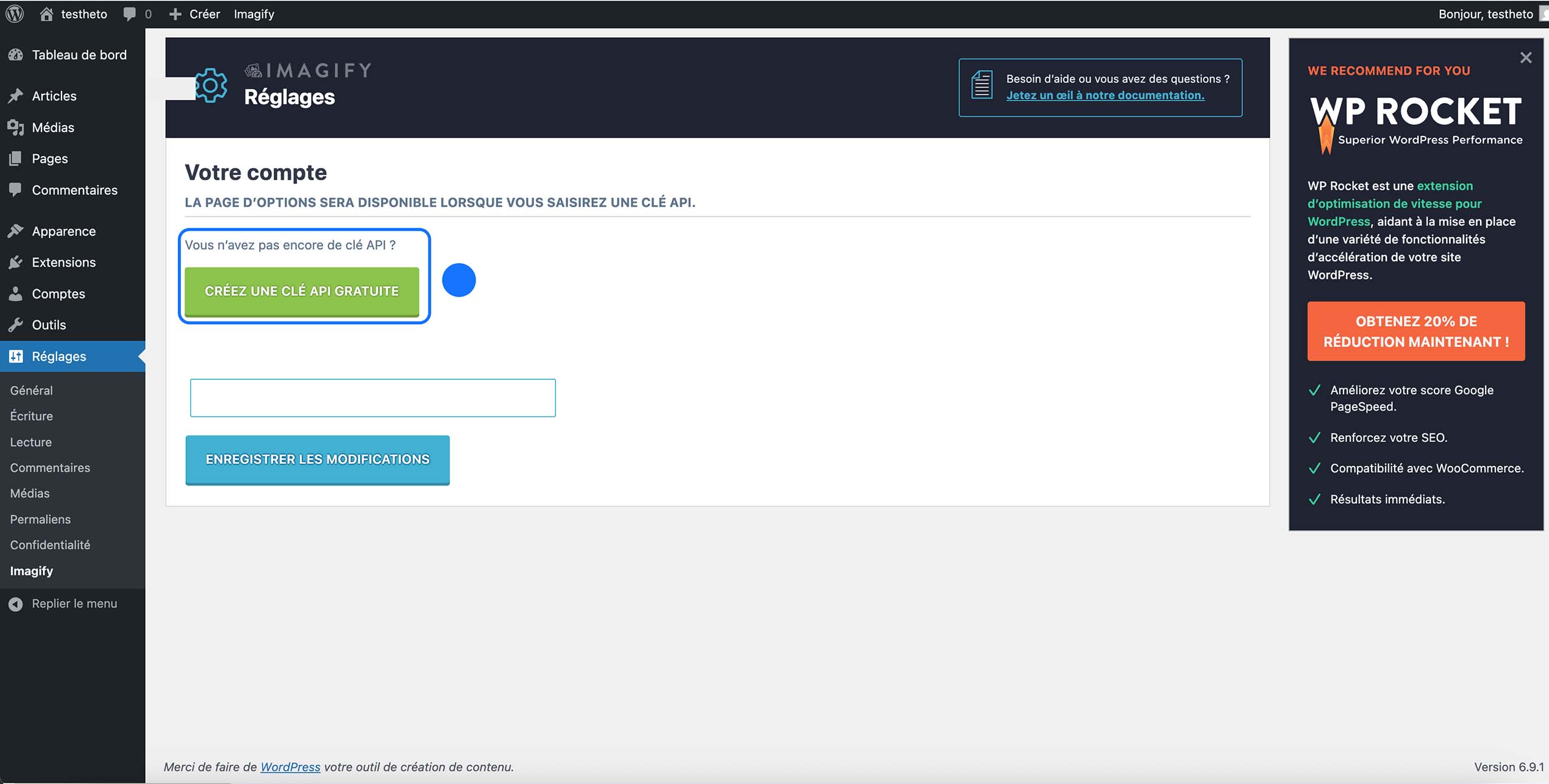 Page des réglages d’Imagify invitant à créer une clé API gratuite pour activer le plugin